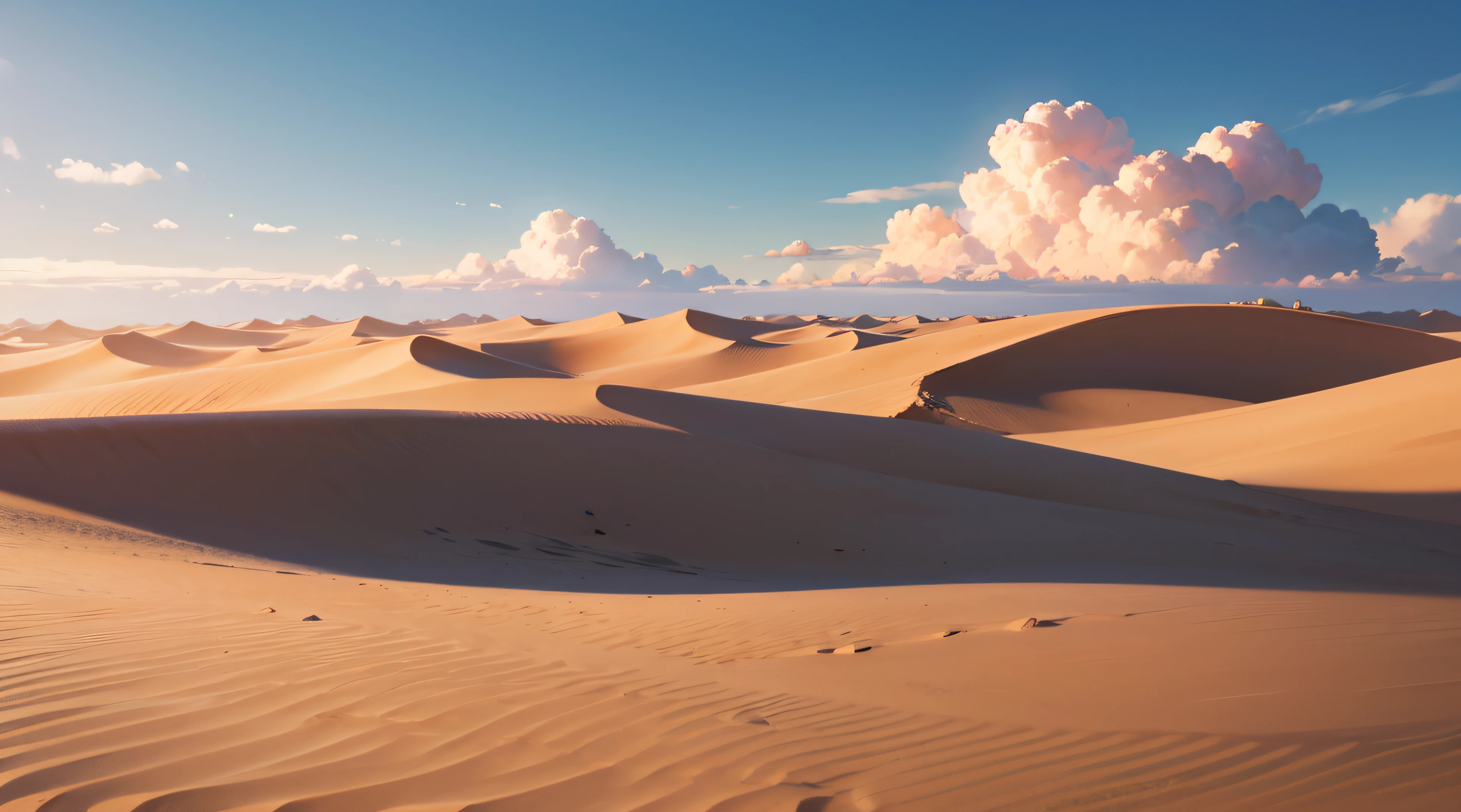 (illustrations : 1.0), photorealistic lighting, HD detail, 夏天, desert, sand, daytime, clouds