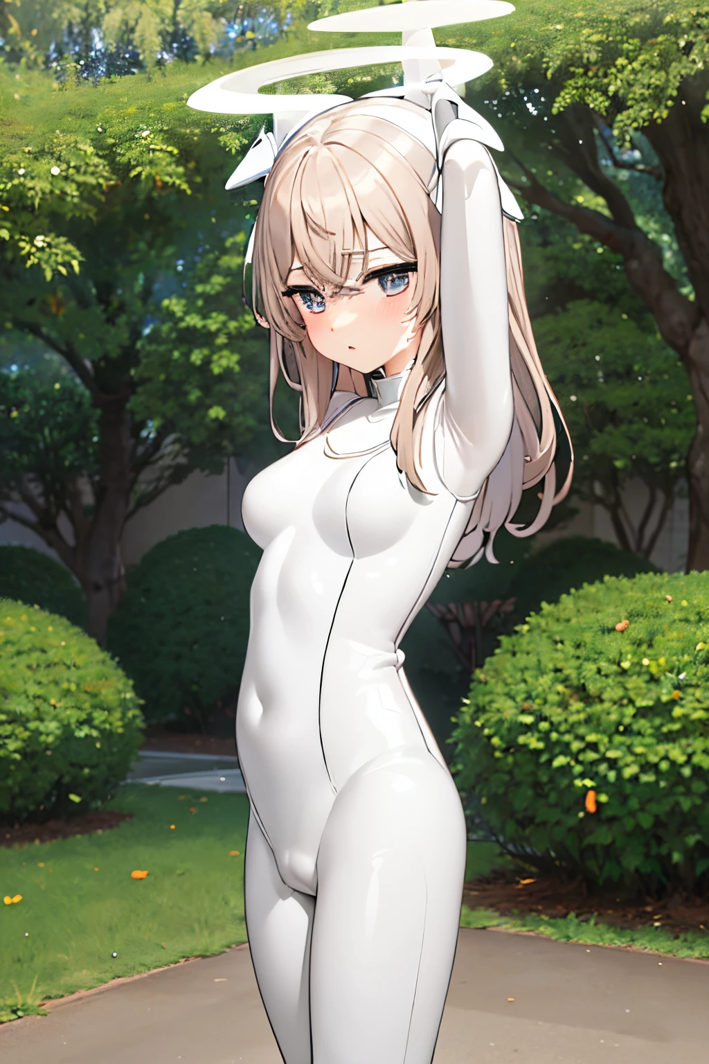 the real thing、1人、ligh brown hair、Longhaire、Twin-tailed、Bewitching face、Green eyes、Infant body shape、((small tits))、((white rubber suit:1.5))、((big breasts thin waist))、a wet body、cowboy shot、Forward-facing、Shiny body、pee、Looking at the camera、((genitals are visible))、((Spread your legs apart))、Shoot from below、masterpiece、top-quality