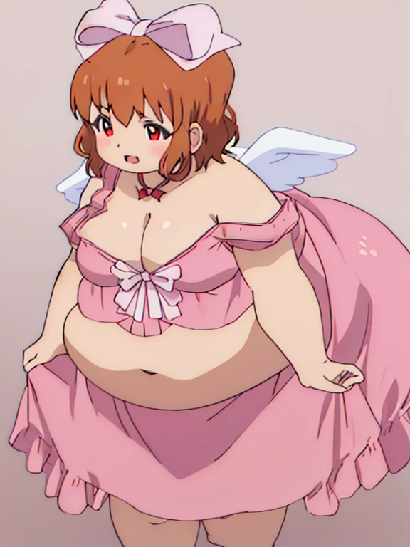 best quality, masterpiece, highres, solo,obese  {hiyori_kotobuki_imocho:1.15}, obese body, thick thighs, short_hair, wings, breasts, hair_bow, bow, cleavage, orange_hair, red_eyes, open_mouth, brown_hair, medium_breasts, obese 1girl, dress, pink_dress, ribbon, strap_slip, rubbing belly
