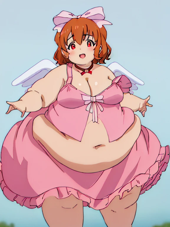 best quality, masterpiece, highres, solo,obese {hiyori_kotobuki_imocho:1.15}, obese body, thick thighs, short_hair, wings, breasts, hair_bow, bow, cleavage, orange_hair, red_eyes, open_mouth, brown_hair, medium_breasts, obese 1girl, dress, pink_dress, ribbon, strap_slip, rubbing belly