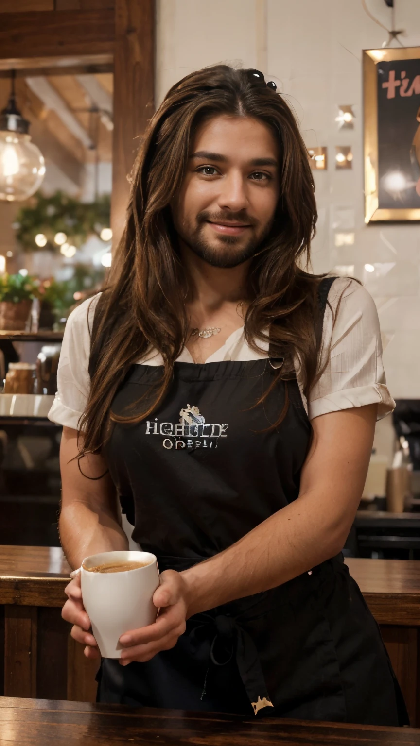 (best quality,4k,highres,ultra-detailed,realistic:1.37),vibrant portrait,beautiful cafe worker lady with a beard,long beautiful hair,manly chiseled face,expressive eyes,lovely smile,stylish outfit,confident stance,coffee cup,cozy atmosphere,artistic lighting,rich color palette,bokeh