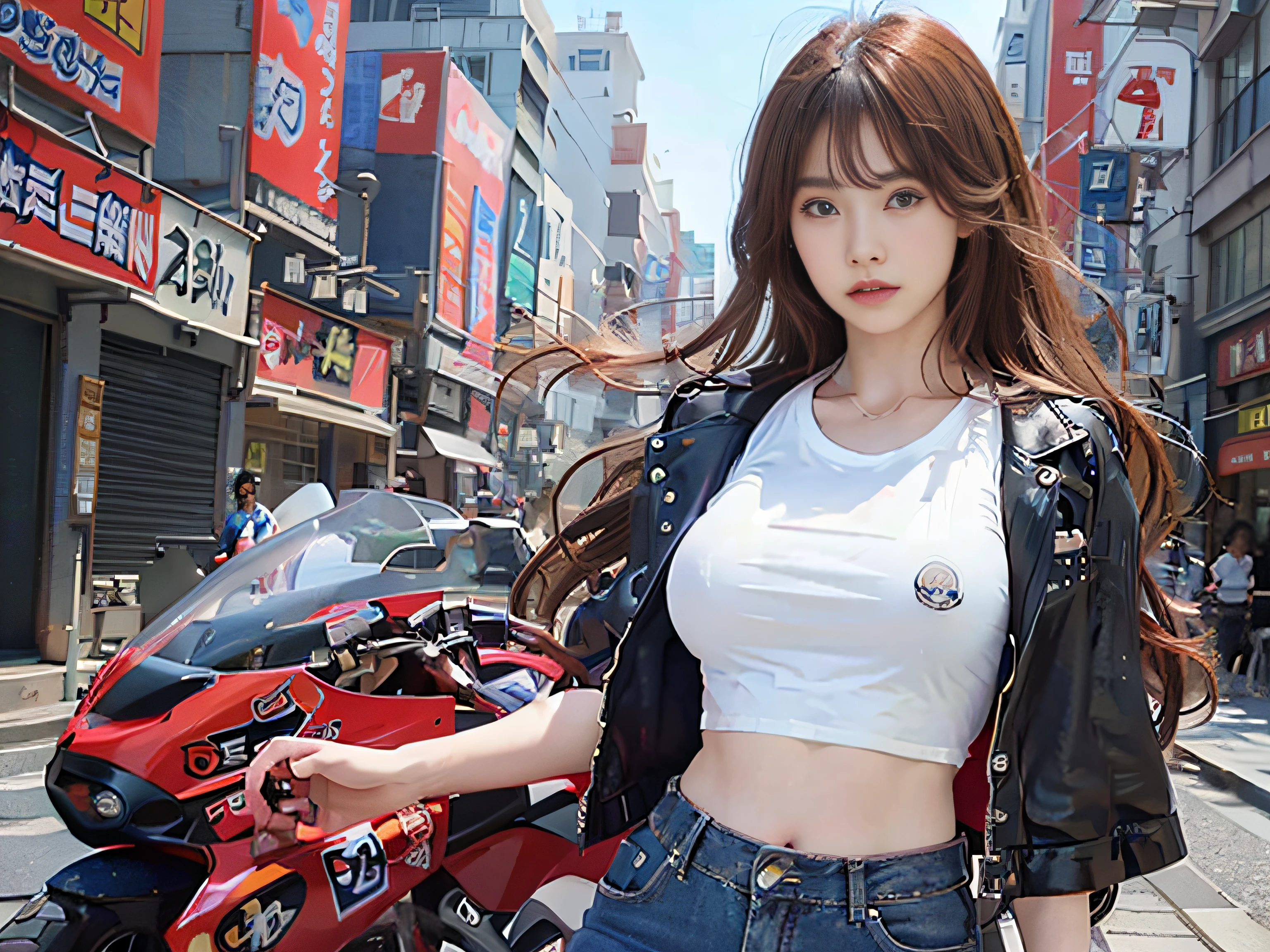 RAW image quality, Official art, top-quality, ​masterpiece, 超A high resolution, (Photorealsitic:1.4), Raw photography, ((super realistic details)), portlate, globalillumination, Shadow, octan render, 8K, ultrasharp, 1girl in, 17 age, (long hair flowing with the wind), detailed face depiction, shiny lip, Tsundere and playful look, (Red low-rise leather pants), (Pure White Cropped T-Shirt:1.4), (Underbust exposure), big breasts thin waist, (1 Akira Bike Red:1.4), cycling, natta, Cyberpunk City View, Ultra-detailed CG image quality,