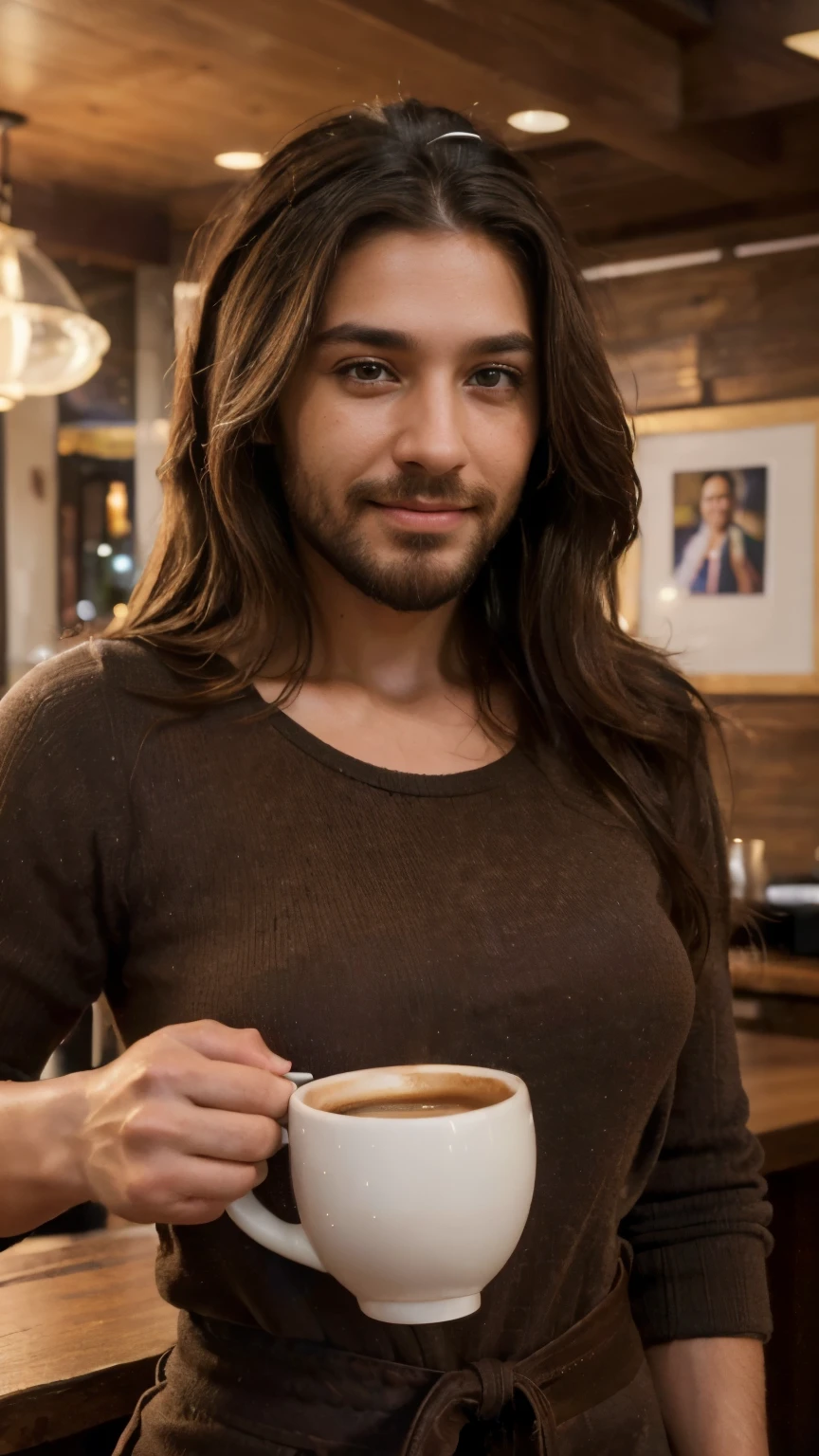 (best quality,4k,highres,ultra-detailed,realistic:1.37),vibrant portrait,beautiful cafe worker lady with a beard,long beautiful hair,manly chiseled face,expressive eyes,lovely smile,stylish outfit,confident stance,coffee cup,cozy atmosphere,artistic lighting,rich color palette,bokeh