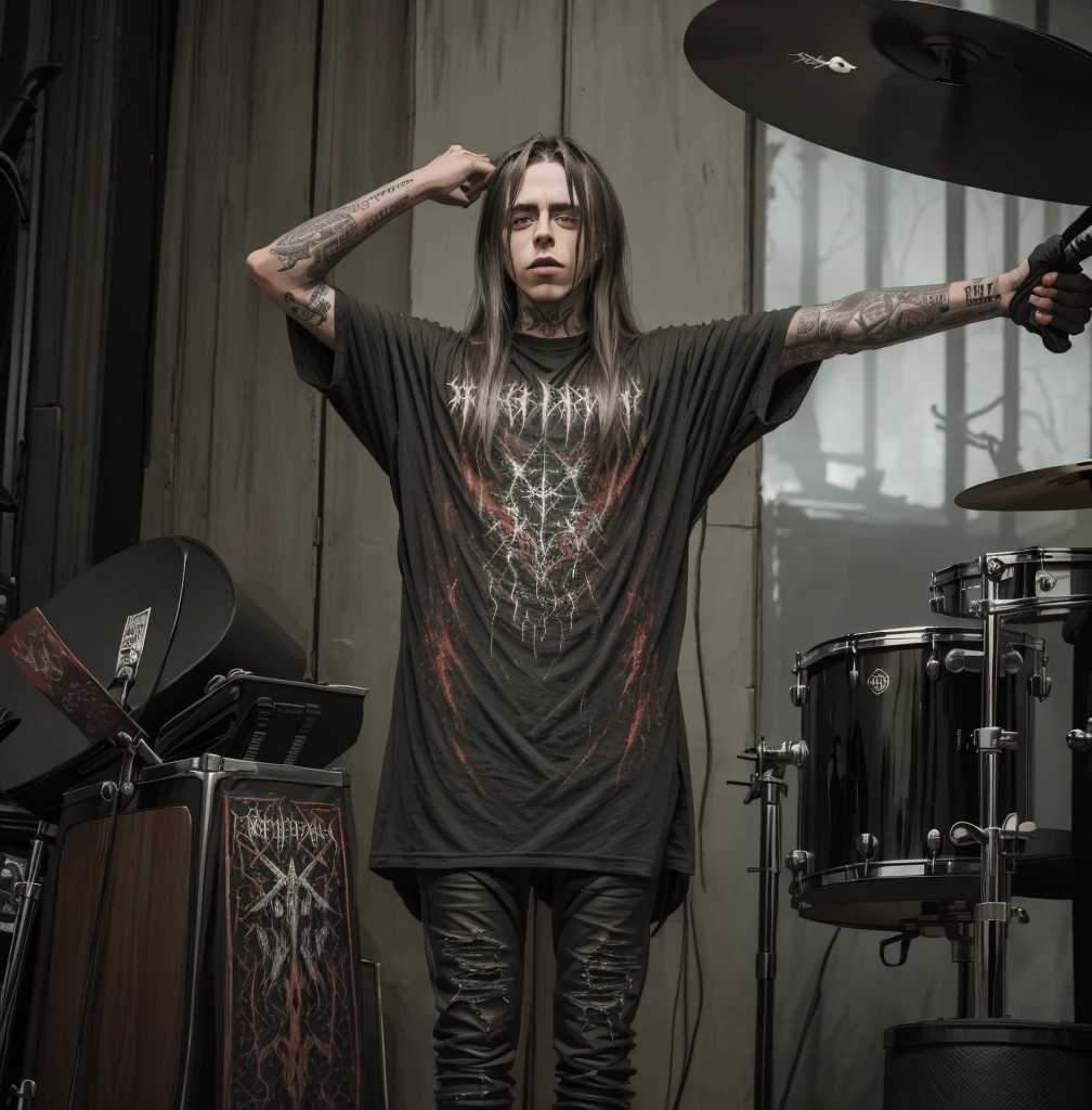 Metalhead wear shirt blasphemy >boy played drum in concert,long hair,band metal, black metal, dark,drumer,rock,opeth,wet hair