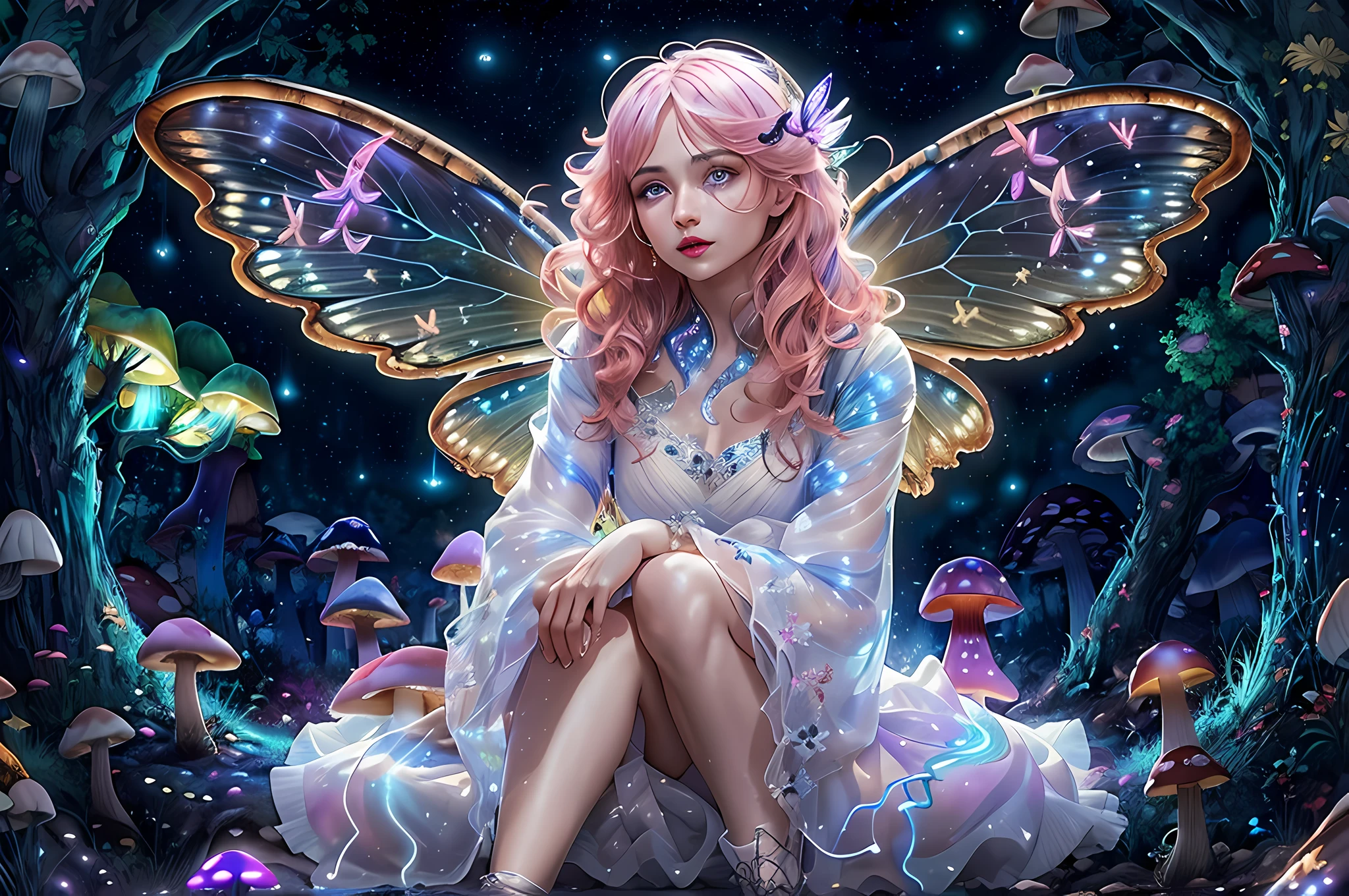 a picture of an exquisite beautiful female fairy sitting on a (Bioluminescent Mushroom: 1.4)  under the starry night sky at the forest, dynamic angle (ultra detailed, Masterpiece, best quality), ultra detailed face (ultra detailed, Masterpiece, best quality), ultra feminine, fare skin, pink hair, wavy hair, dynamic eyes color, glowing eyes, intense eyes, red lips, wearing white dress, elegant silk dress (ultra detailed, Masterpiece, best quality), butterfly wings (ultra detailed, Masterpiece, best quality), wearing high heeled boots, phosphorous glowing  Bioluminescent Mushroom, sky full of stars background, moon, beat details, best quality, 8k, [ultra detailed], masterpiece, best quality, (ultra detailed), full body, ultra wide shot, photorealism, fantasy art, gl0w1ngR,