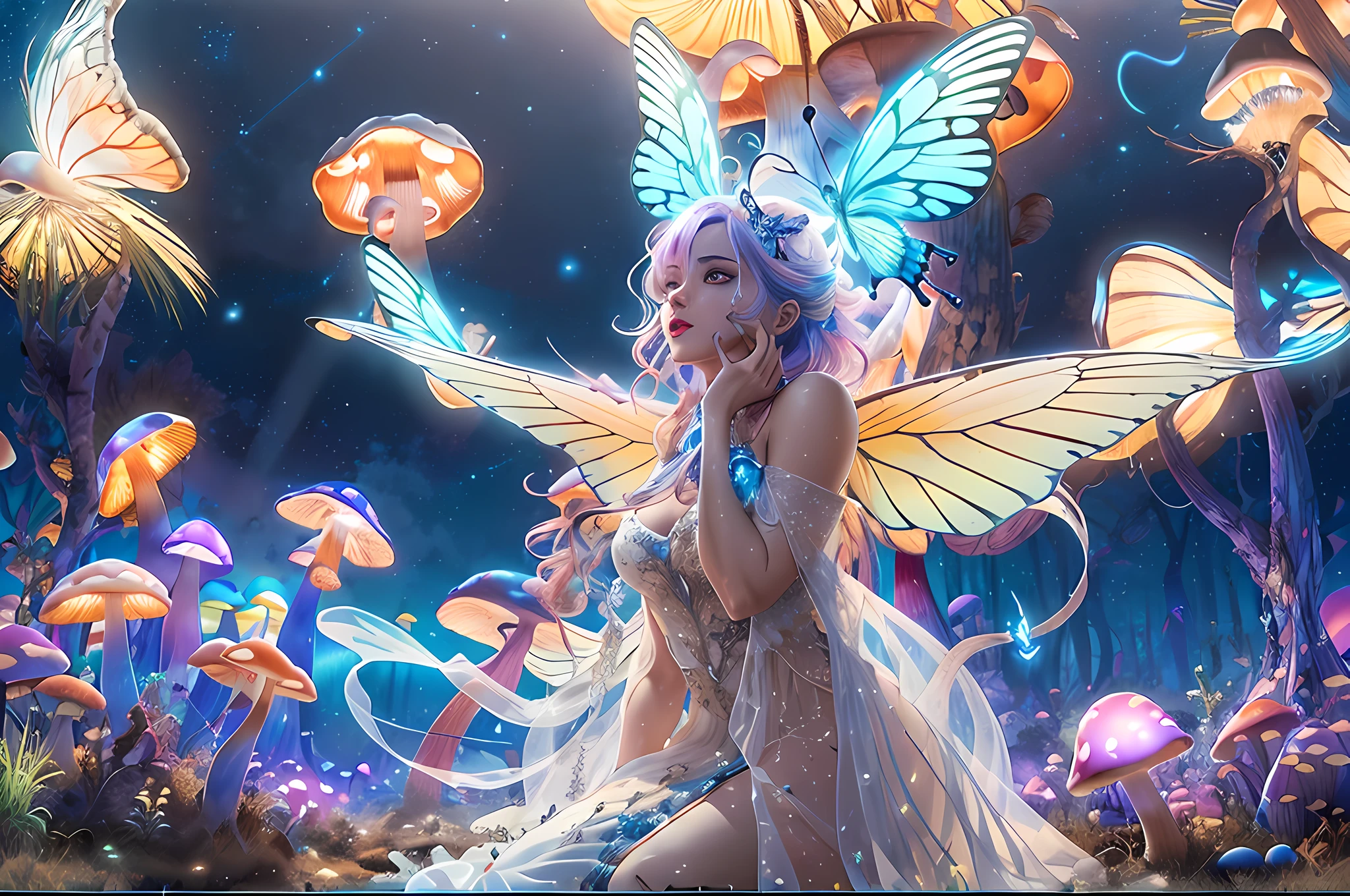 a picture of an exquisite beautiful female fairy sitting on a (Bioluminescent Mushroom: 1.4)  under the starry night sky at the forest, dynamic angle (ultra detailed, Masterpiece, best quality), ultra detailed face (ultra detailed, Masterpiece, best quality), ultra feminine, fare skin, pink hair, wavy hair, dynamic eyes color, glowing eyes, intense eyes, red lips, wearing white dress, elegant silk dress (ultra detailed, Masterpiece, best quality), butterfly wings (ultra detailed, Masterpiece, best quality), wearing high heeled boots, phosphorous glowing  Bioluminescent Mushroom, sky full of stars background, moon, beat details, best quality, 8k, [ultra detailed], masterpiece, best quality, (ultra detailed), full body, ultra wide shot, photorealism, fantasy art, gl0w1ngR,