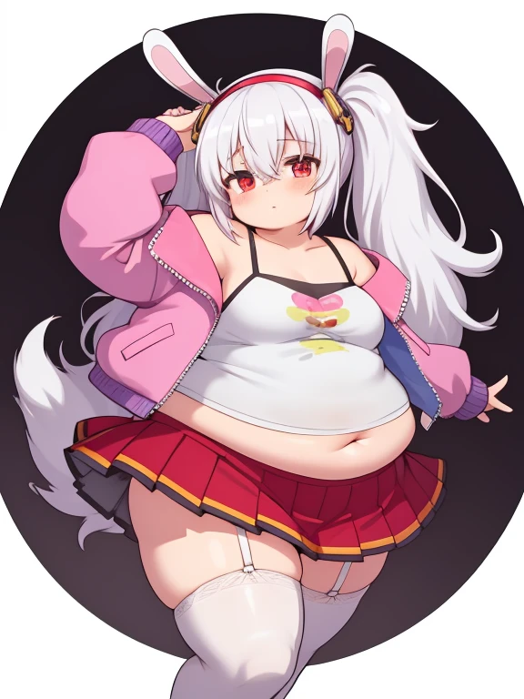(masterpiece, best quality:1.2),illustration,8k,hd,obese 1girl,solo,animal_ears,rabbit_ears,red_eyes,white_hair, , obese loliat breasts, small height, twintails,long_hair,hair_between_eyes,bangs,hairband,very_long_hair,fake_animal_ears,hair_ornament,collarbone,jacket,long_sleeves,pink_jacket,off_shoulder,skirt,pleated_skirt,red_skirt,camisole,thighhighs,white_thighhighs,open_clothes,red_hairband,open_jacket,white_camisole,