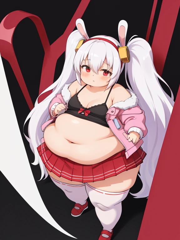 (masterpiece, best quality:1.2),illustration,8k,hd,obese 1girl,solo,animal_ears,rabbit_ears,red_eyes,white_hair, loli, obese loli, flat breasts, small height, twintails,long_hair,hair_between_eyes,bangs,hairband,very_long_hair,fake_animal_ears,hair_ornament,collarbone,jacket,long_sleeves,pink_jacket,off_shoulder,skirt,pleated_skirt,red_skirt,camisole,thighhighs,white_thighhighs,open_clothes,red_hairband,open_jacket,white_camisole,