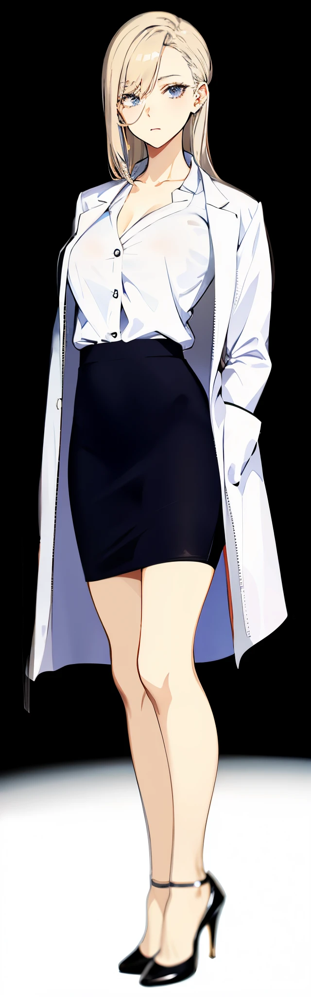 Anime woman in a short skirt and a white lab coat, wearing lab coat and a blouse, with a lab coat, yandere. tall, !!full body portrait!!, full body portrait of a short!, wearing a labcoat, professor clothes, dressed in an old white coat, fullbody portrait