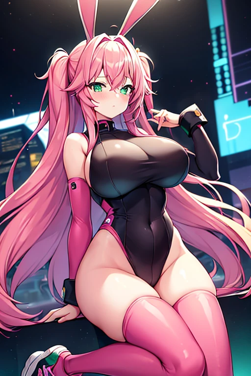 1girl, large breasts, wide hips, pink hair, long hair, green eyes, bodysuit, black bodysuit, shoes, sneakers, neon, tech, futuristic, science-fiction, pink neon trim, neon trim, sky, timid, blush, blushing, bunny ears, rabbit ears