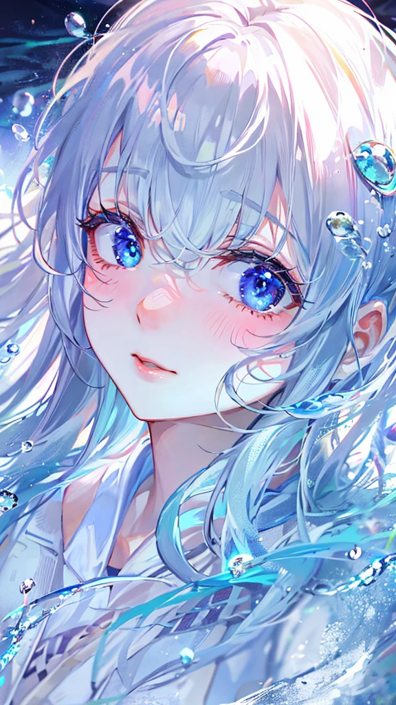 ((top-quality)), ((masterpiece)), ((ultra-detailliert)), (Extremely delicate and beautiful), girl with, 独奏, cold attitude,((swim wears)),She is very(relax)with the(Settled down)Looks,depth of fields,Evil smile,Bubble, under the water, Air bubble,Underwater world bright light blue eyes,inner color with bright gray hair and light blue tips,,,,,,,,,,,,,,,,,,Cold background,Bob Hair - Linear Art, shortpants、knee high socks、White uniform like school uniform、Light blue ribbon ties、Clothes are sheer、Hands in pockets、Bright eyes like sapphire,Fronllesse Blue, A small blue light was floating、fantastic eyes、selfy,Self-shot