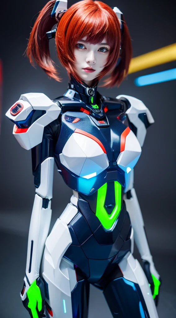 Textured skin, Super Detail, high details, High quality, Best Quality, hight resolution, 1080p, Gorgeous beauty、She wears a beautiful Neon Genesis Evangelion Girl with robot body、Red, blue and white