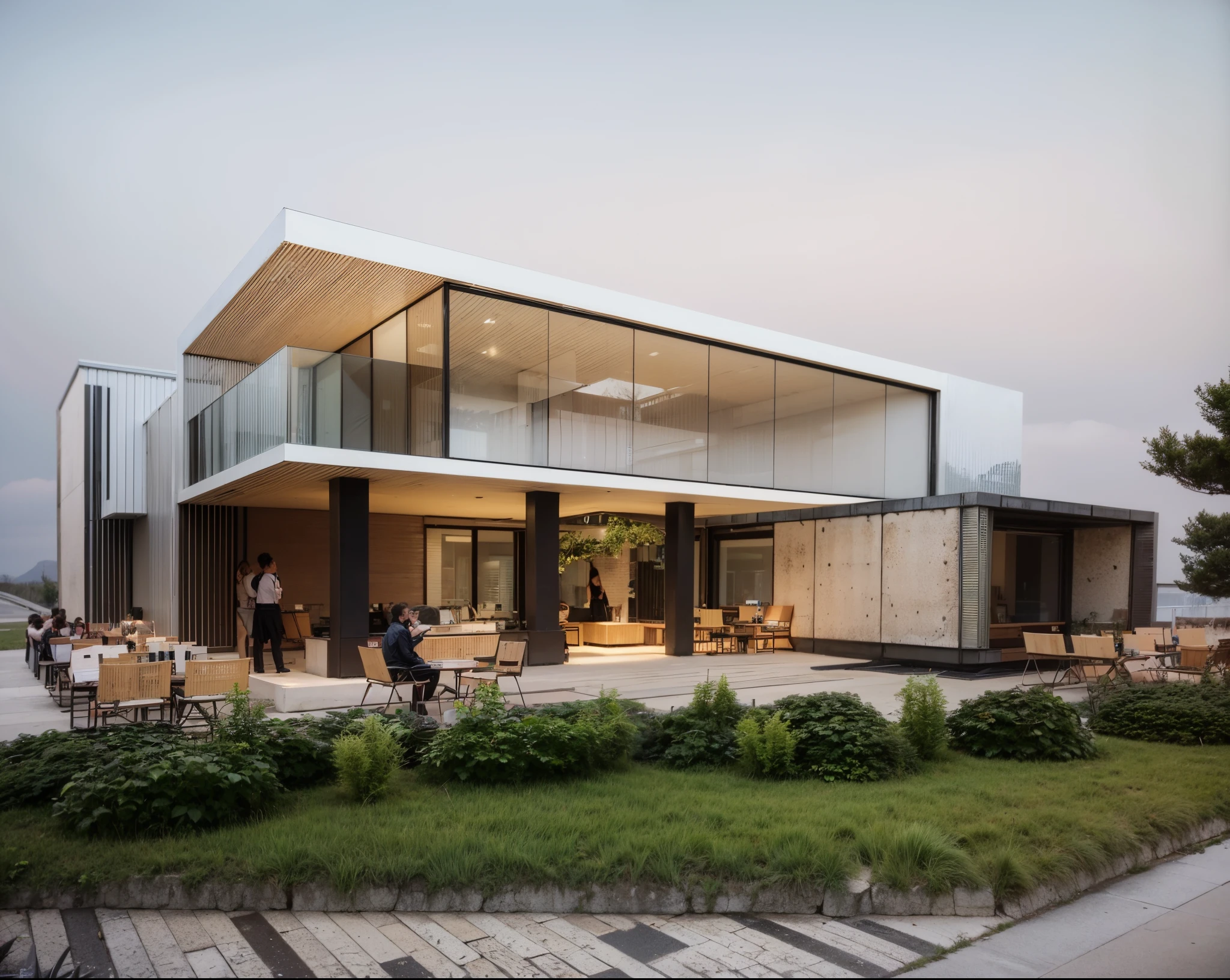 (((tmasterpiece))),((Best quality at best)),Award-winning architectural exterior design,building exterior,((cafe shop)),cafe shop,Commercial café,glass,cementitious , aluminium,Asphalt pavement,grassy fields, Ray traching, The content is very detailed,hyper realisitc,Hyper Real