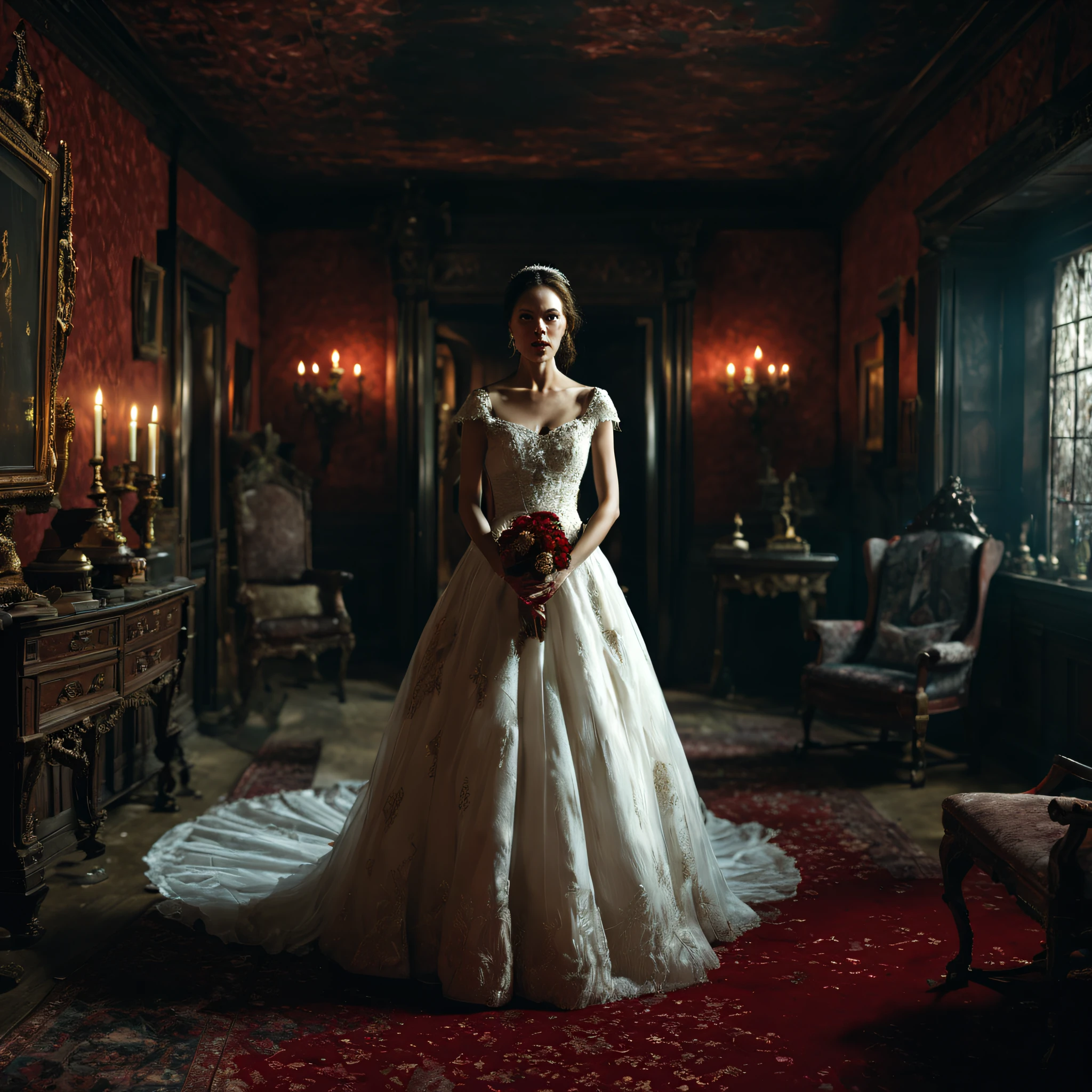 movie scenes, (full-body: 1.5), a bride visits vampire's house, wedding dress, a house full of blood, a bride on the run, mysterious, ancient, intricate detail, highly detailed, volumetric lighting, 4k rendering, stock photo, ultra-realistic, realistic textures, dramatic lighting, depth of field, film, (very wide angle: 1.3), dark light