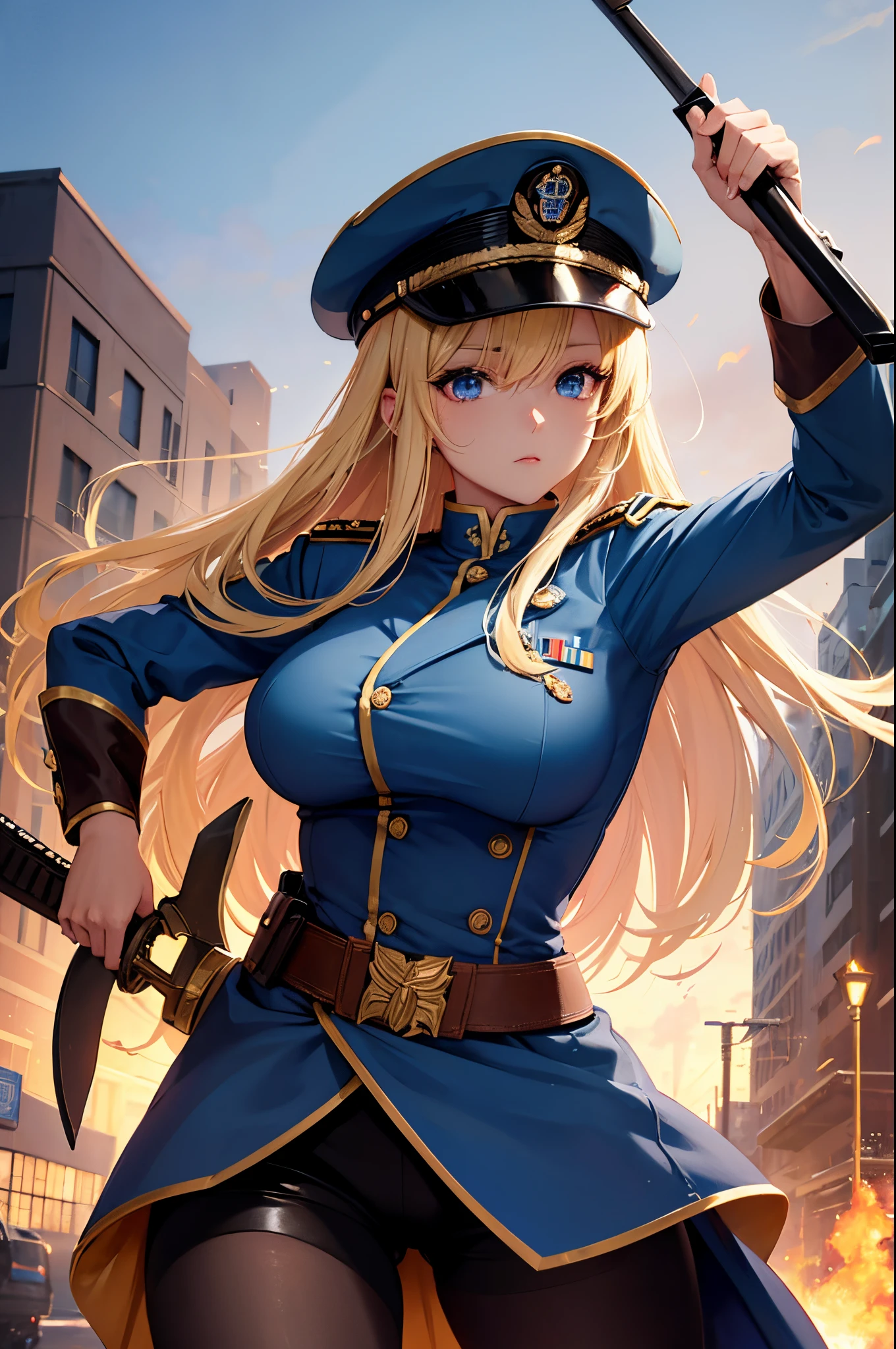Female, Hime Cut Blonde hair, Blue eyes, dark brown skin, large breasts, wearing a military uniform and military cap and wielding a sword. A city background during the day time.