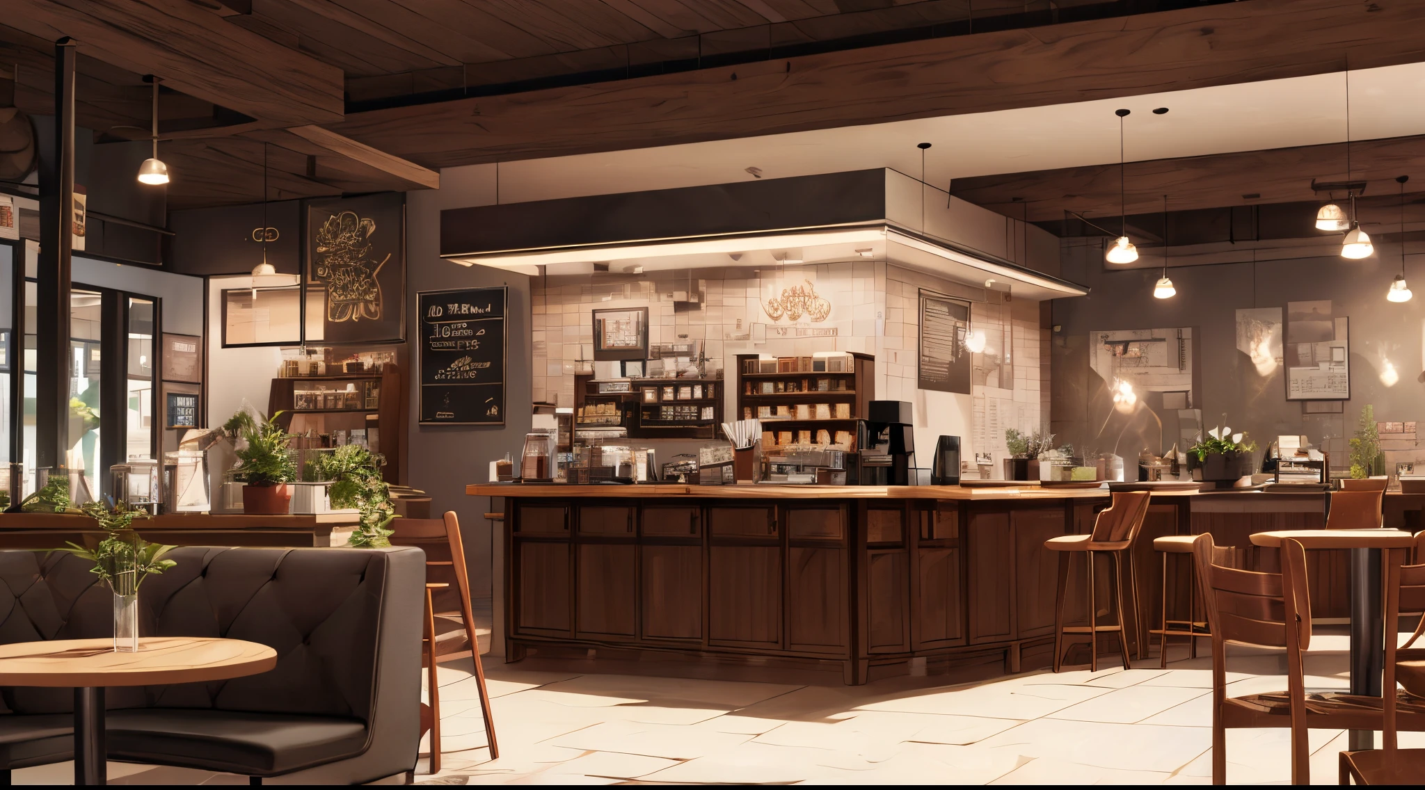 master piece, best quality, detailed, ((background only)), day, inside coffee shop, modern,