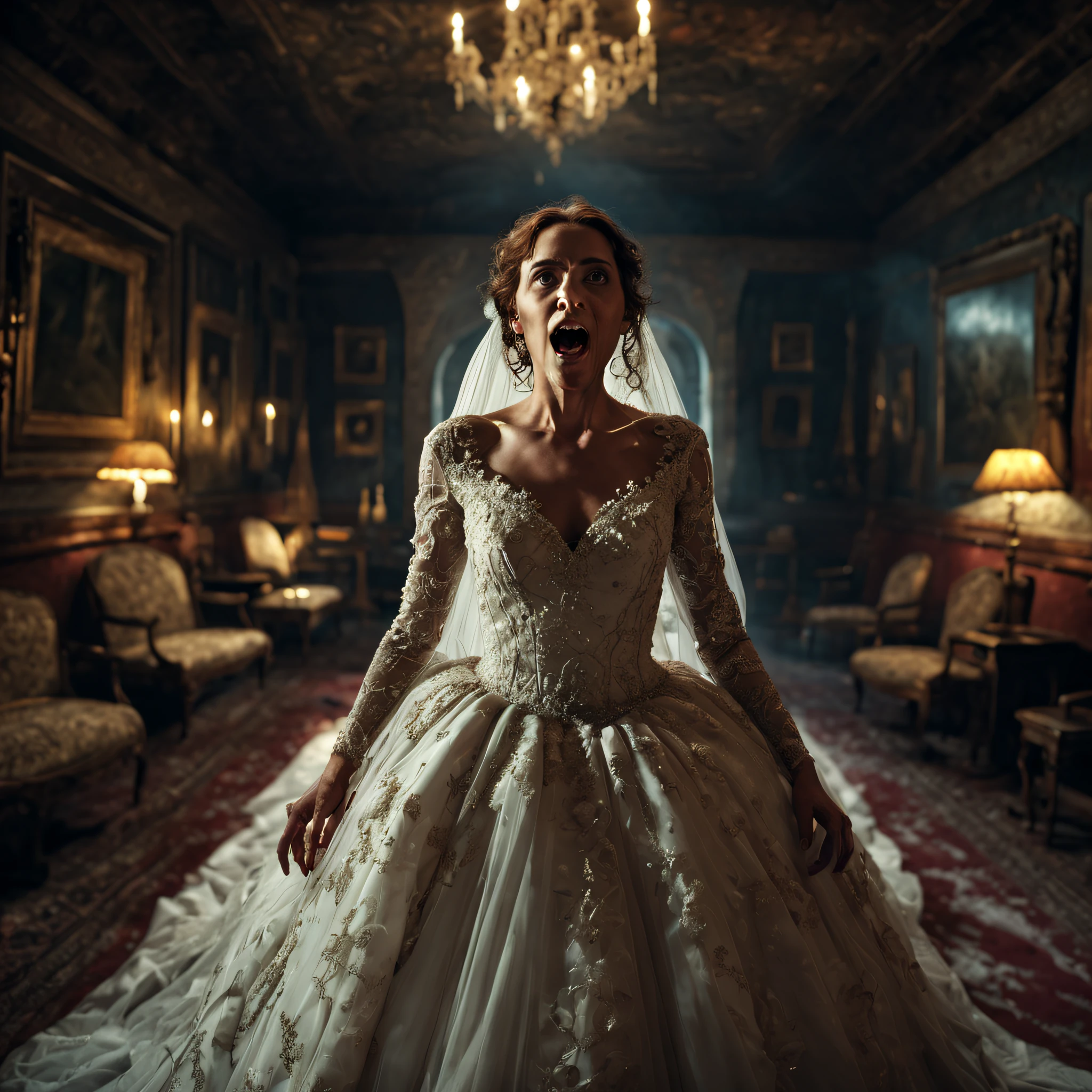 movie scenes, a frightened bride, wedding dress, a house ?????????????, a bride on the run, mysterious, ancient, intricate detail, highly detailed, volumetric lighting, 4k rendering, stock photo, ultra-realistic, realistic textures, dramatic lighting, depth of field, film, (very wide angle: 1.3), dark light