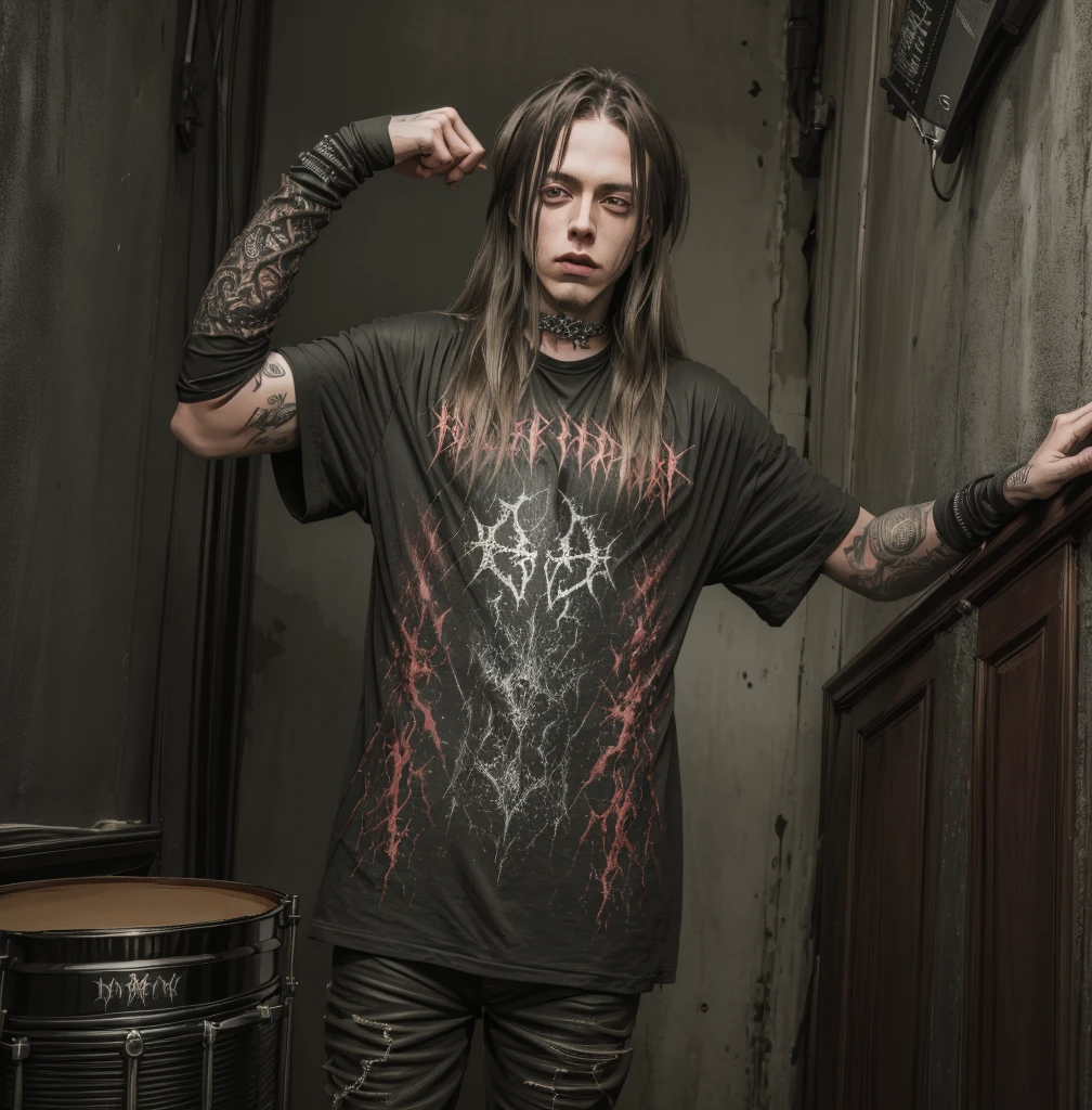 Metalhead wear shirt blasphemy >boy played drum in concert,long hair,band metal, black metal, dark,drummer,rock,opeth,wet hair,studio