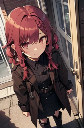 full body Esbian, fluffy hair,Red hair,Fishing eyes, (((Braided shorthair))), ((asymmetrical length pigtails)), ((Keep your hair down)), Slightly red tide,Gold eyes,Black military uniform, Staring at me, Smile with a kind face, dark apartment late at night,Brown boots,((In front of the front door of an old apartment)),aisle,((In front of the entrance)),((black long trench coat)),swollen face,A face that looks like it's turned away,(((close up of face))),((Perspective from above)),((Please open the front of your coat and let me see.............)),