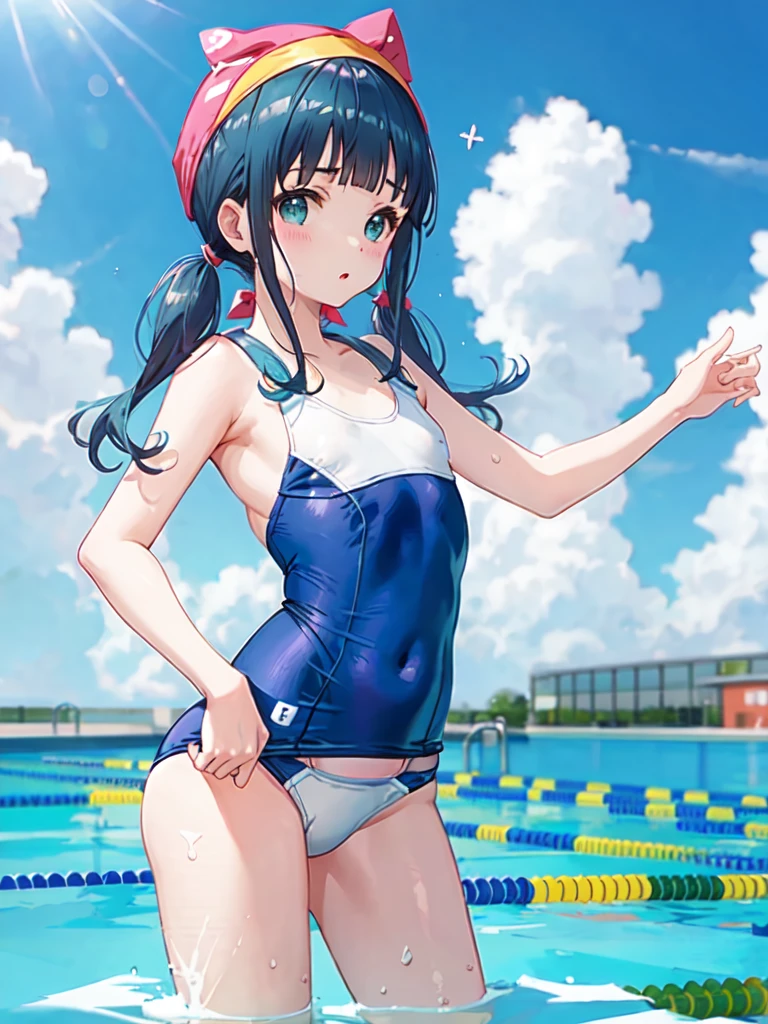 School swim wear、((small tits))、Swim Cap、Low twintail, Blunt bangs