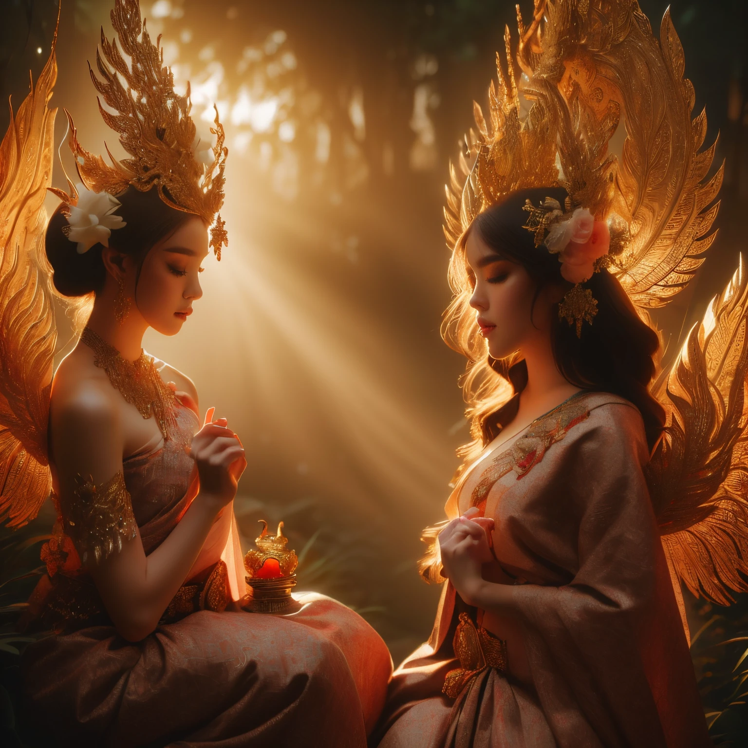 Realistic,dramatic light, Thai Fairy. ,romantic love scene,detailed background, Depth of Field, volumetric light, crisp focus, Absurd, realistic proportions, good anatomy, (Realistic, hyperrealistic:1.4), HDR 16K,