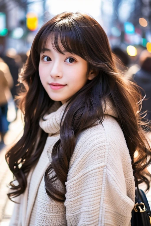 20 year old Japan woman、cute little、long hair with perm、full bodyesbian、In the street、Winter clothes、I'm looking cold、Side light、sideways Facing、Top image quality