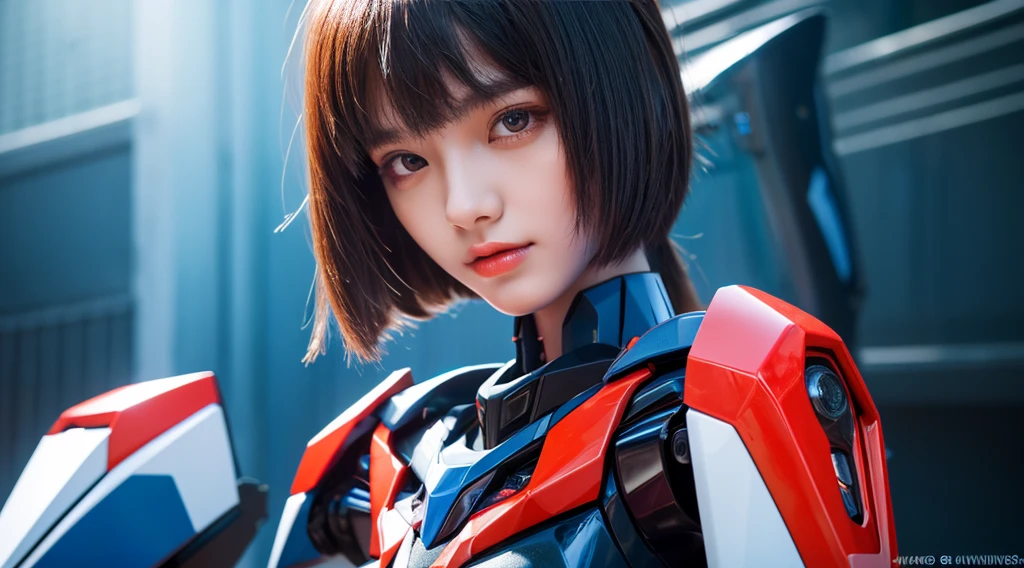 Textured skin, Super Detail, high details, High quality, Best Quality, hight resolution, 1080p, Gorgeous beauty、She wears a beautiful Neon Genesis Evangelion Girl with robot body、Red, blue and white