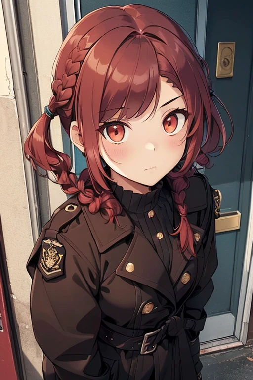 fluffy hair,Red hair,((Braided shorthair)),Slightly red tide,((Gold eyes)),(Black military uniform), a black ribbon, Staring at me, Smile with a kind face, ,((a dark night)),((dark apartment late at night)),(((Trembling girl ))),(Brown boots),((In front of the front door of an old apartment)),(A dimly lit ruin where the light bulbs seem to go out.),(aisle),((In front of the entrance)),((Black Long Trench Coat)),swollen face,A face that looks like it's turned away,(((close up of face))),((Perspective from above)),((Please open the front of your coat and let me see...........)),