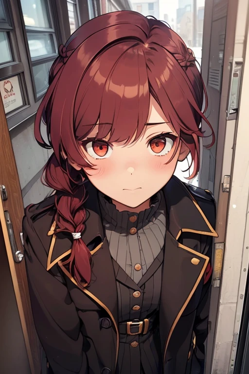 full bodyesbian, fluffy hair,Red hair,Fishing eyes, (((Braided shorthair))), ((asymmetrical length pigtails)), ((Keep your hair down)), Slightly red tide,Gold eyes,Black military uniform, Staring at me, Smile with a kind face, dark apartment late at night,Brown boots,((In front of the front door of an old apartment)),aisle,((In front of the entrance)),((Black Long Trench Coat)),swollen face,A face that looks like it's turned away,(((close up of face))),((Perspective from above)),((Please open the front of your coat and let me see...........)),