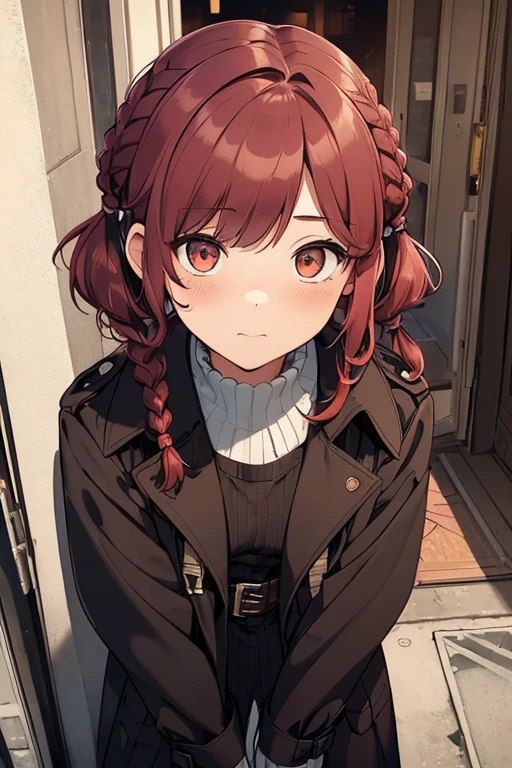 full bodyesbian, fluffy hair,Red hair,Fishing eyes, (((Braided shorthair))), ((asymmetrical length pigtails)), ((Keep your hair down)), Slightly red tide,Gold eyes,Black military uniform, Staring at me, Smile with a kind face, dark apartment late at night,Brown boots,((In front of the front door of an old apartment)),aisle,((In front of the entrance)),((Black Long Trench Coat)),swollen face,A face that looks like it's turned away,(((close up of face))),((Perspective from above)),((Please open the front of your coat and let me see...........)),