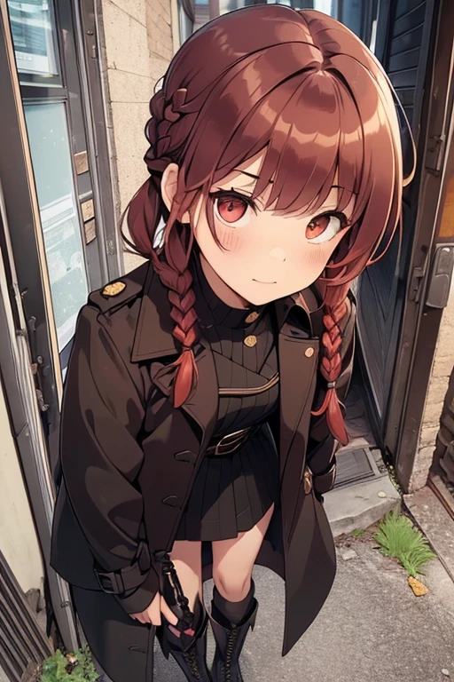 full bodyesbian, fluffy hair,Red hair,Fishing eyes, (((Braided shorthair))), ((asymmetrical length pigtails)), ((Keep your hair down)), Slightly red tide,Gold eyes,Black military uniform, Staring at me, Smile with a kind face, dark apartment late at night,Brown boots,((In front of the front door of an old apartment)),aisle,((In front of the entrance)),((Black Long Trench Coat)),swollen face,A face that looks like it's turned away,(((close up of face))),((Perspective from above)),((Please open the front of your coat and let me see...........)),