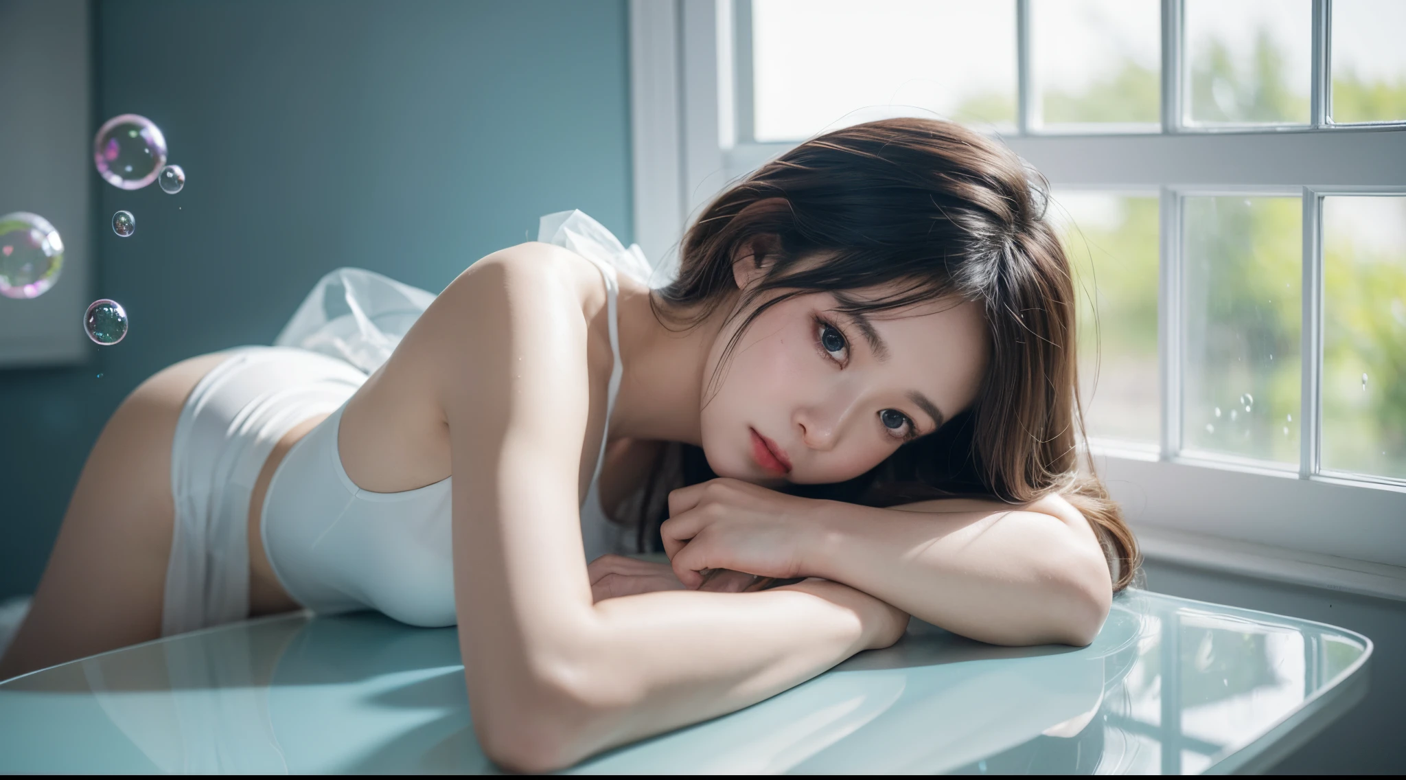 There is a girl sitting on a table full of bubbles、In a room with a window, Pictures inspired by Yanjun Cheng, Douban, concept-art, Shot with Canon EOA 6 D Mark II, airbubble, elegant bubbles, foamy landscape, Ethereal and dreamy, Soft portrait shooting 8 K, Nam Jae-yeon, Dreamy and ethereal, soap bubble mind, fizzy