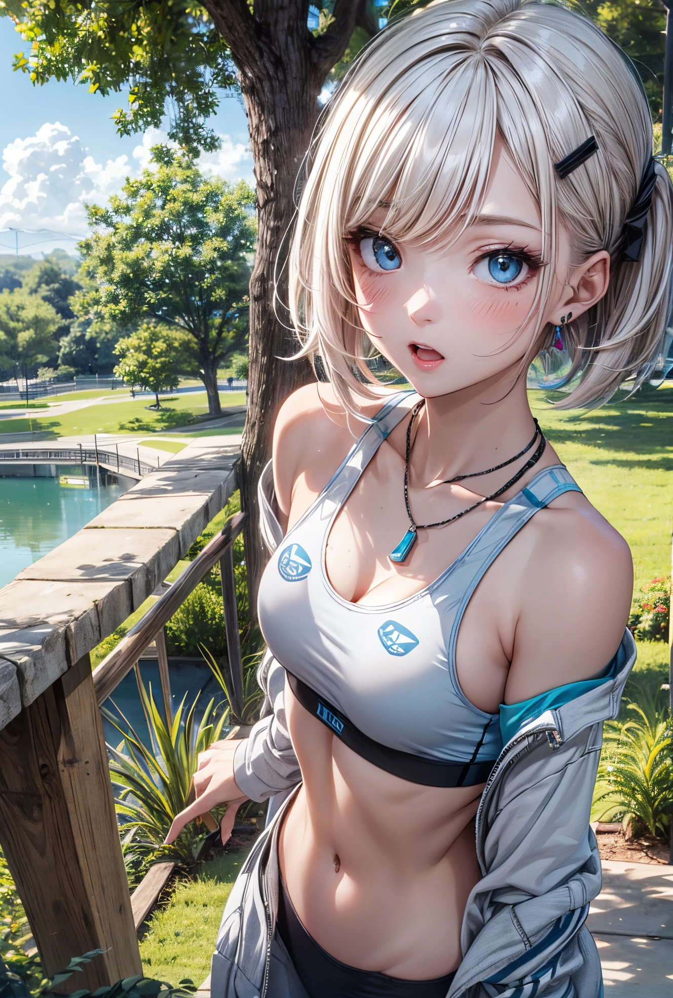 8K,masuter piece,absurderes, ultra-detailliert,bright colour, (Black Sports Bra:1.4),(Show below:1.3),(Surprised:1.4),extremely beautiful detailed anime face and eyes, view straight on, ;D, shiny_skin,25 years old, Short hair, , asymmetrical bangs, Blonde hair with short twin tails,Forehead, Shiny hair, Delicate beautiful face, red blush、Blue eyes, White skin, hair clips, earrings, a necklace, Beautiful cloud, Blue summer sky、A park full of nature