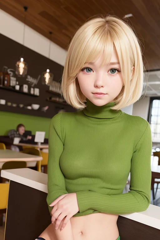 a very cute blonde 14yo girl wearing vivid darker yellowgreen -hole-cut-out -exposing turtleneck, sitting in cafe posing for picture, bob-cut hair, small , raw photo