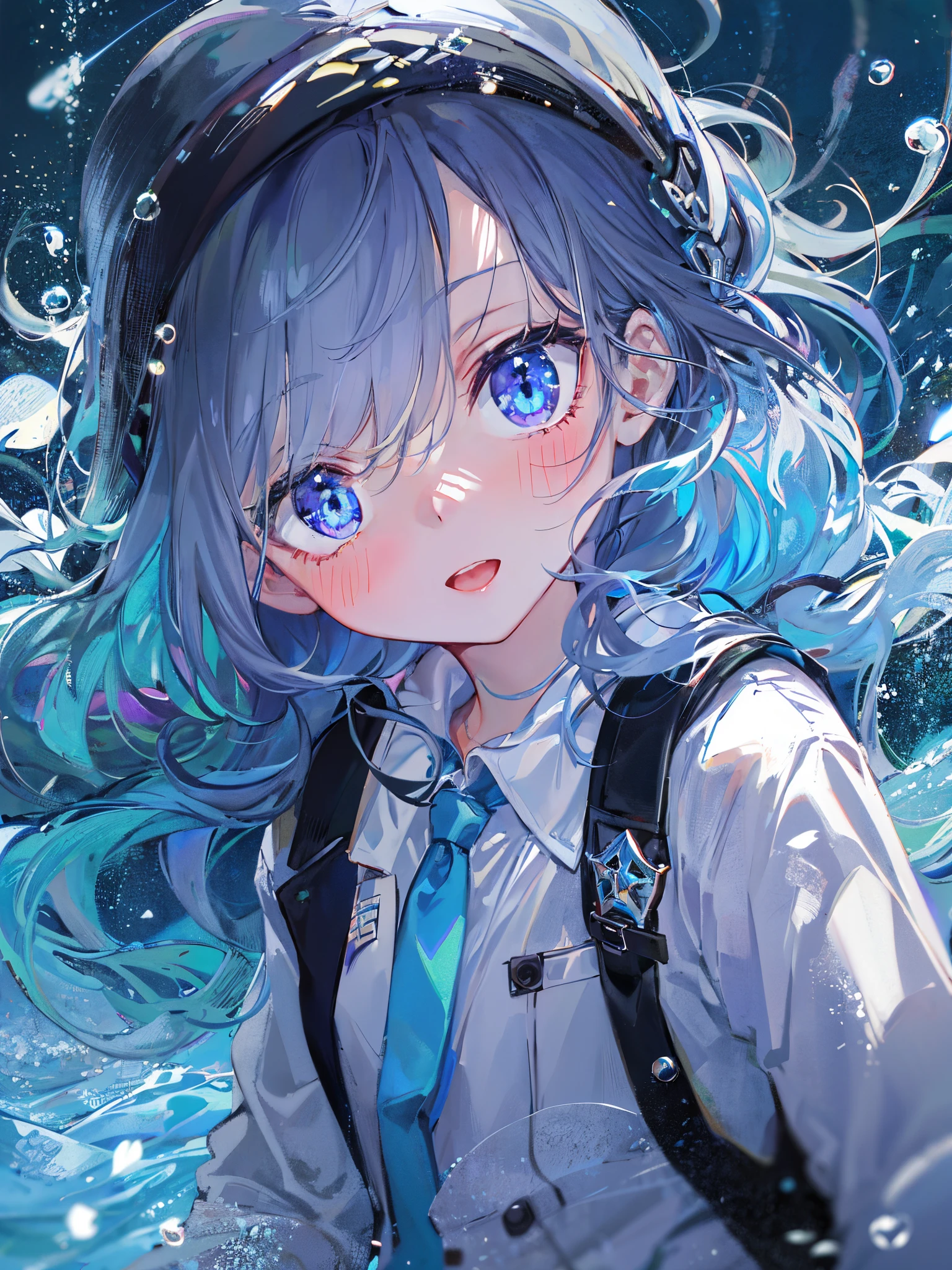 ((top-quality)), ((​masterpiece)), ((ultra-detailliert)), (Extremely delicate and beautiful), girl with, 独奏, cold attitude,((Black jacket)),She is very(relax)with  the(Settled down)Looks,depth of fields,Evil smile,Bubble, under the water, Air bubble,Underwater world bright light blue eyes,inner color with bright gray hair and light blue tips,,,,,,,,,,,,,,,,,,Cold background,Bob Hair - Linear Art, shortpants、knee high socks、White uniform like school uniform、Light blue ribbon ties、Clothes are sheer、Hands in pockets、Bright eyes like sapphire,Fronllesse Blue, A small blue light was floating、fantastic eyes、selfy,Self-shot