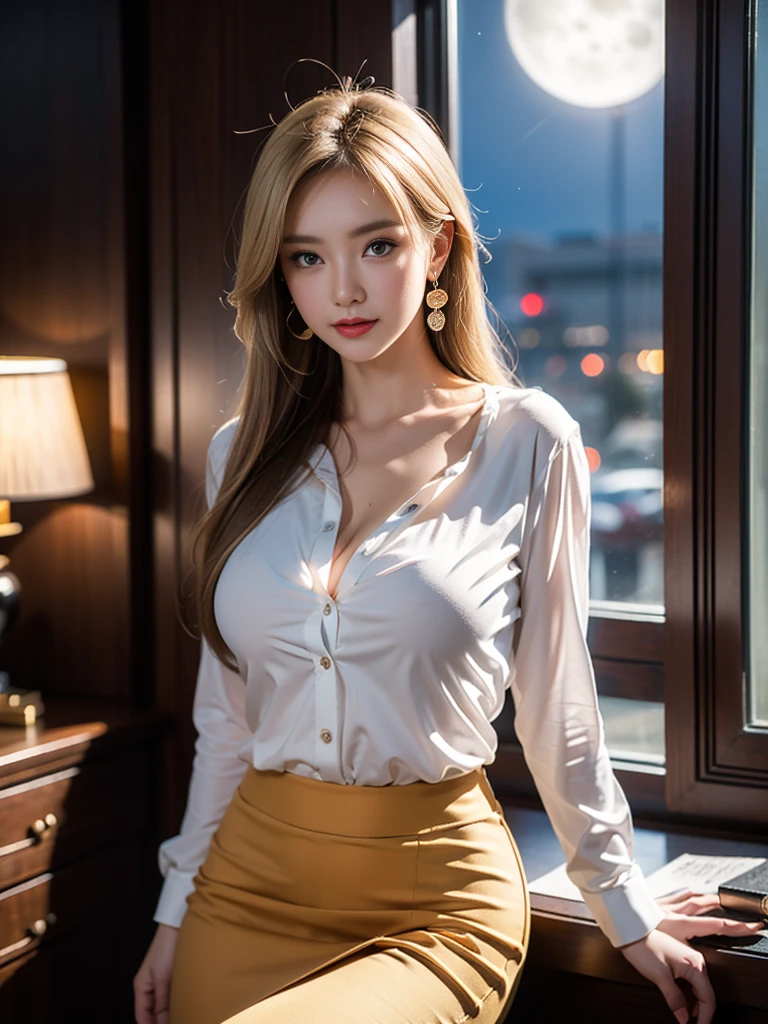 tmasterpiece，Highest image quality，super detailing，Enchanted smile，amazing face and eyes, cosmetics, (extremely detailed beautiful face), (The sexiest look), deep understanding，Naked of breast，(Best quality:1.4), (ultra - detailed), (extremely detaild的 CG unified 8k wallpapers), The content is very detailed, RAW photos, professional photoshooting, ((buisness suit)), (Open sexy business shirt),Stepped skirt，Indoor and below, (Office room, Dark Office, rays of moonlight), (nigh sky), depth of fields,face flushed，raised eyebrow，Very shy，blond hair blue eyes，Sexy female secretary，looking at viewert，Dreamcatcher earrings，epic，concept-art，Upturned breasts，nice breasts，Beautiful udder，
