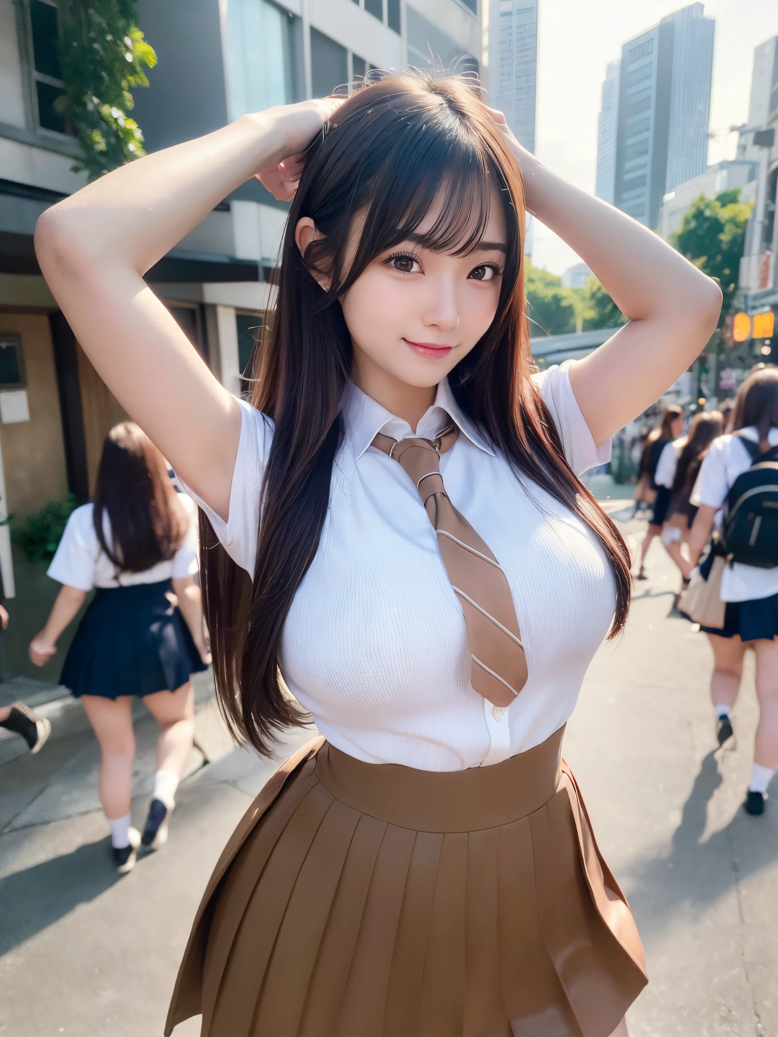 (8k, RAW photo, best quality, masterpiece:1.2), (realistic, photo-realistic:1.4), (extremely detailed 8k wallpaper), sharp focus, depth of field, blur background, bokeh, cinematic lighting, soft light, glossy lips, beautiful detailed eyes,shiny smooth light brown long bob hair, asymmetrical bangs, shiny skin, high resolution, high detailing, detailed hairstyle, detailed face, octane rendering, vibrant, hyper realistic, perfect limbs, perfect anatomy ,1 japanese girl,famous Japanese idol, perfect female body, large breasts,smile,long bob hair, (school uniform : 1.3), looking at viewer, (arms up, Crowded city streets:1.3),cowboy shot