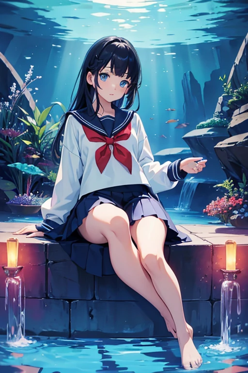 Beautiful eyes, (highest quality, Masterpiece: 1.2), night aquarium, neon, (solo), sailor uniform, long sleeves, pleated skirt, beautiful hair, bare feet,