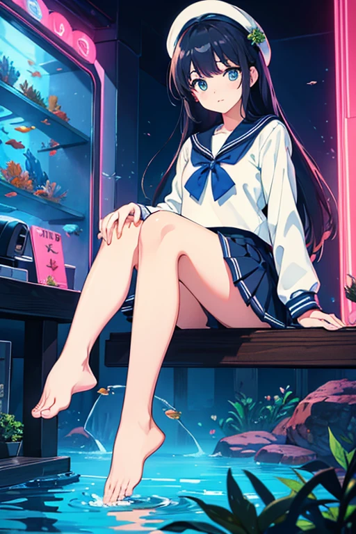 Beautiful eyes, (highest quality, Masterpiece: 1.2), night aquarium, neon, (solo), sailor uniform, long sleeves, pleated skirt, beautiful hair, bare feet,