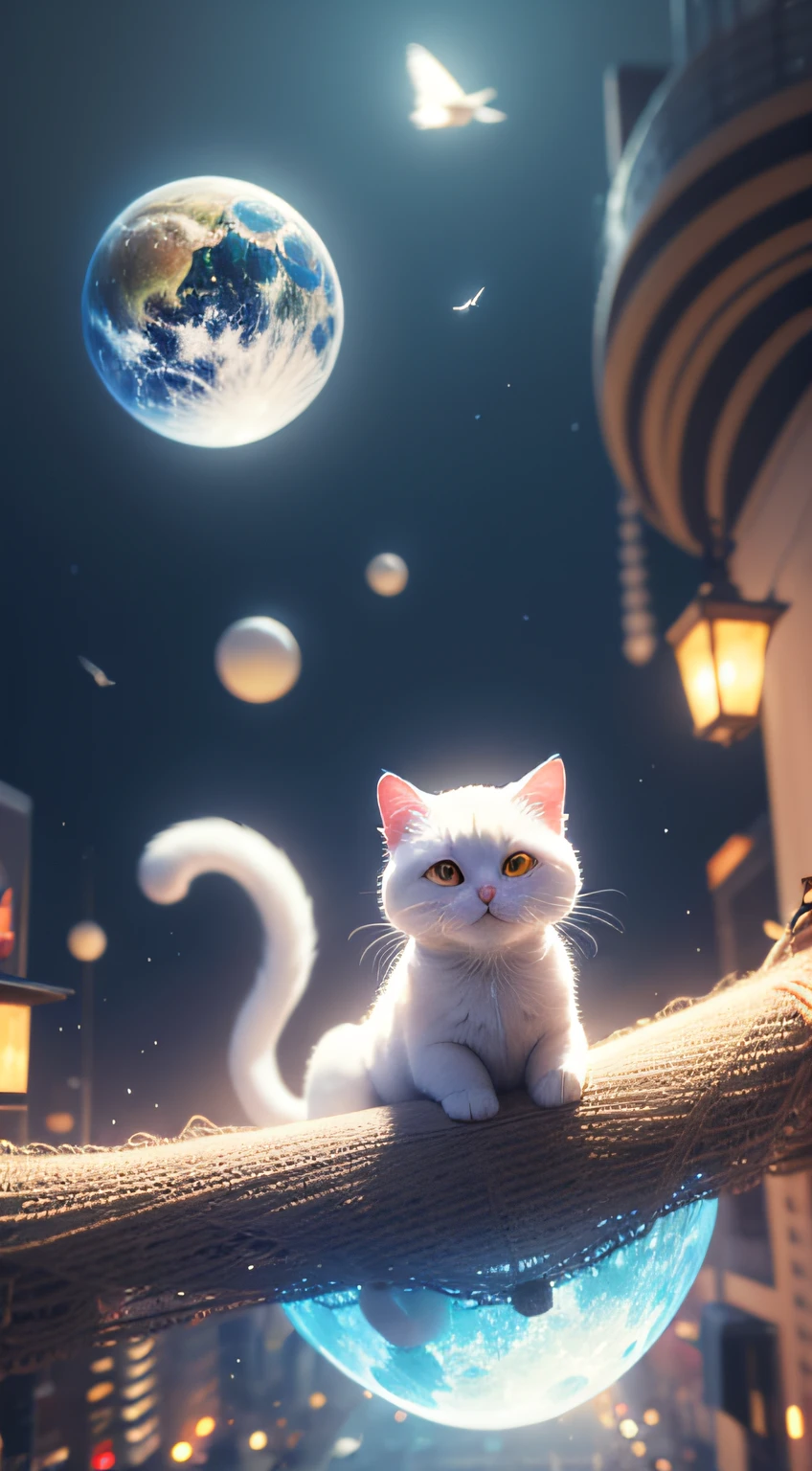 1 cute white cat with round eyes, Fly in the air, Sit on a colorful flying carpet, The edges of the rug have fringes, , The background is the city of the future, Science fiction world,4K HD resolution,kawaii:1.5, Fluffy, 、photorealistic paintings, Award-winning image,Surreal, The content is very detailed, high-definition picture quality