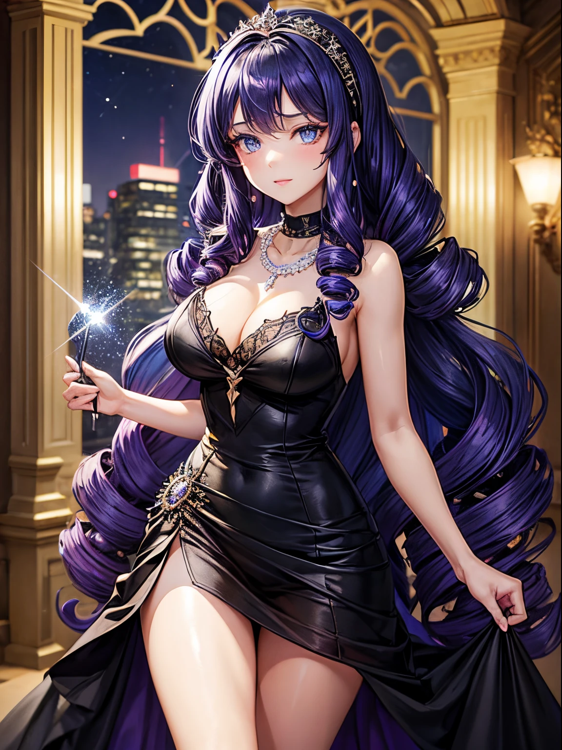 A beautiful woman with long curly violet hair, drill curls, side bangs, sharp blue eyes, light skin, wearing a sparkly black dress, black headband, and pearl necklace, inside of a fancy building, night time.