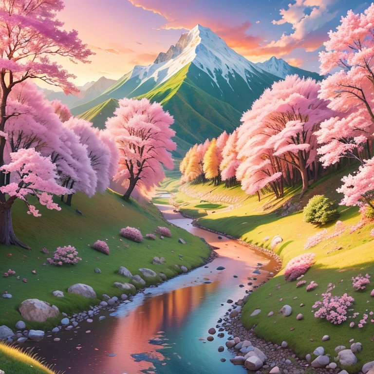 (digital painting),(best quality), (detailed), (illustration), (cartoonish), road to the mountain peak, green mountain, sunset, river flowing, river covered with cherry blossom trees