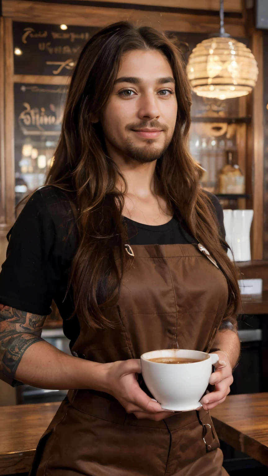 (best quality,4k,highres,ultra-detailed,realistic:1.37),vibrant portrait,beautiful cafe worker lady with a beard,long beautiful hair,manly chiseled face,expressive eyes,lovely smile,stylish outfit,confident stance,coffee cup,cozy atmosphere,artistic lighting,rich color palette,bokeh