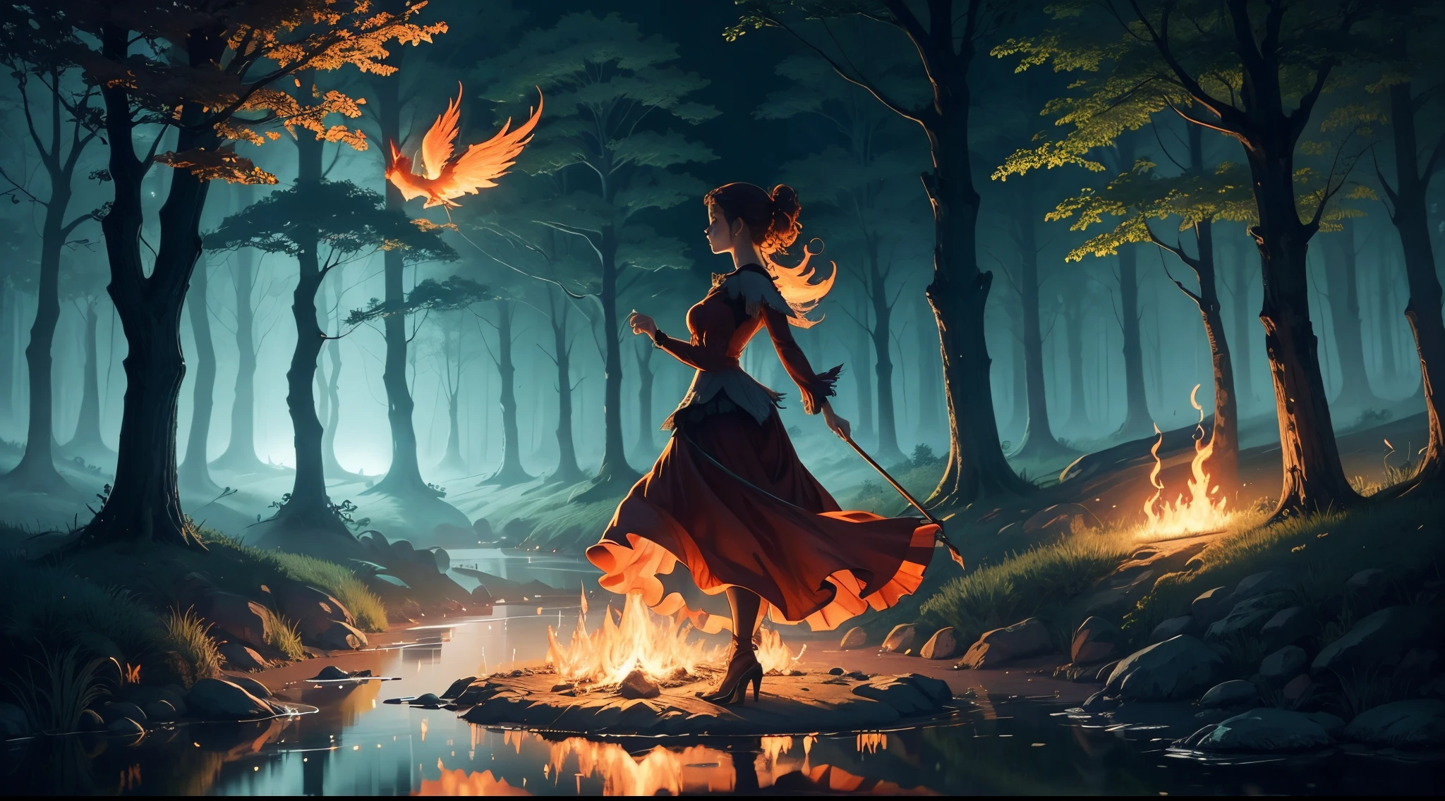A flaming fairy hovers over a stream in the middle of a night forest, her flames reflect on the water, highlighting her graceful silhouette, the forest is full of magical creatures watching, the atmosphere is one of enchantment and serenity, Illustration