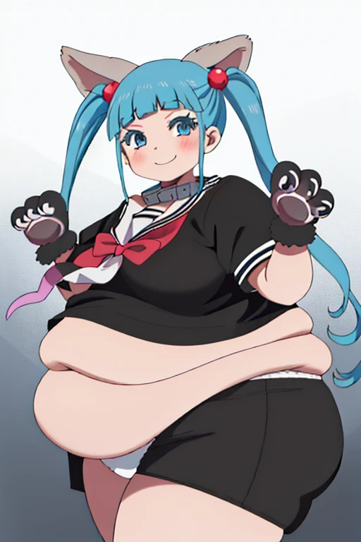 best quality, masterpiece, highres, solo, {nijimi_anazawa_mahoushoujosite:1.15}, obese body, fat arms, fat butt, thick thighs, small breasts, blue_hair, twintails, long_hair, blue_eyes, hair_ornament, hair_bobbles, blush, bangs, 1girl, collar, animal_ears, smile, animal_hands, gloves, looking_at_viewer
