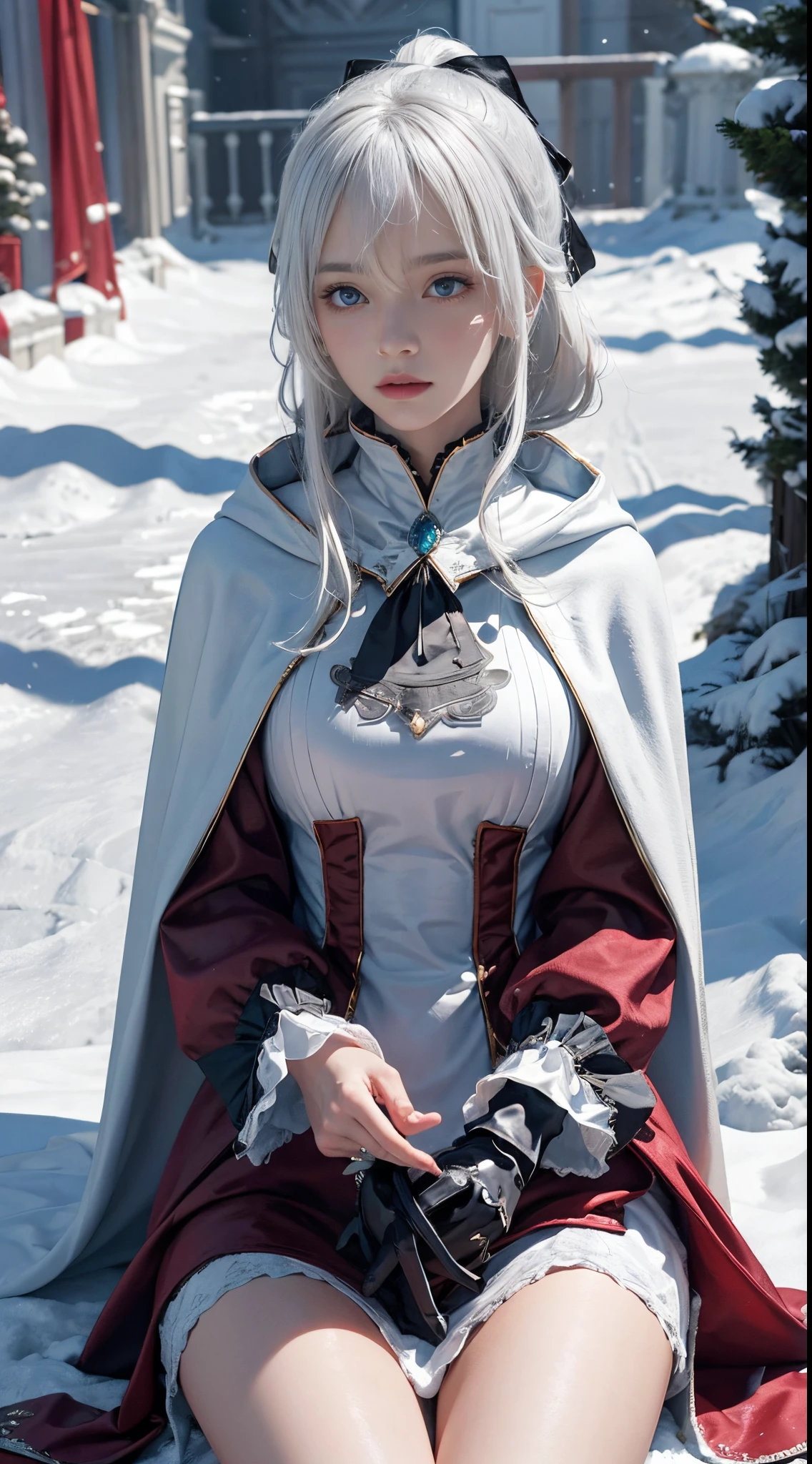 (8K)，realisticlying, A high resolution, 1 Women, Alone, (a gorgeous，Lolita costume)， pretty eyes, White hair, eye socket, (sitted，Cloak，blanketed in a mantle of snow)，snow field，