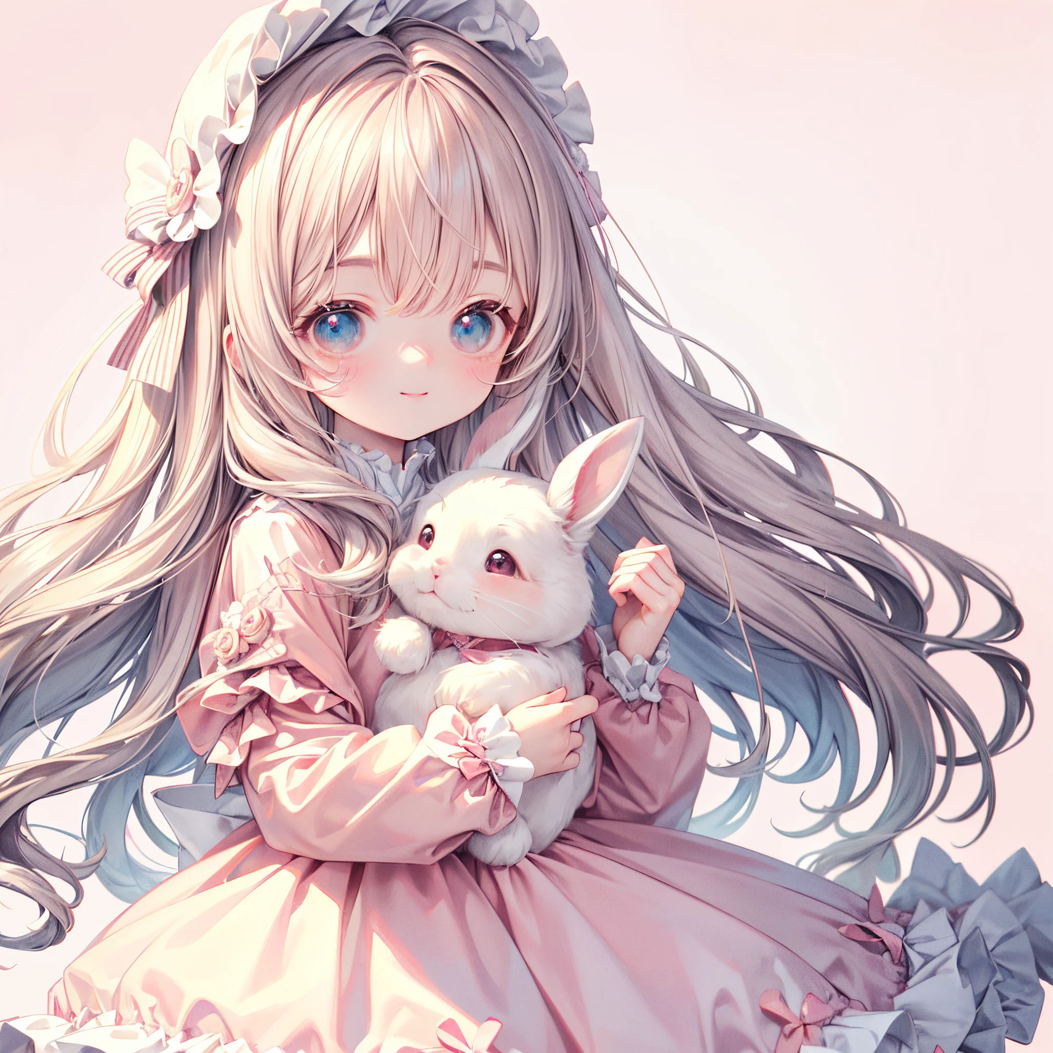 Masterpiece, best quality, high quality, ultra detailed, close up,  white long wavy hair, light pink streak hair, holding a stuffed lovely rabbit, smiling, cute, pink theme, lovely, lolita fashion, (((white background))), (((no background)))