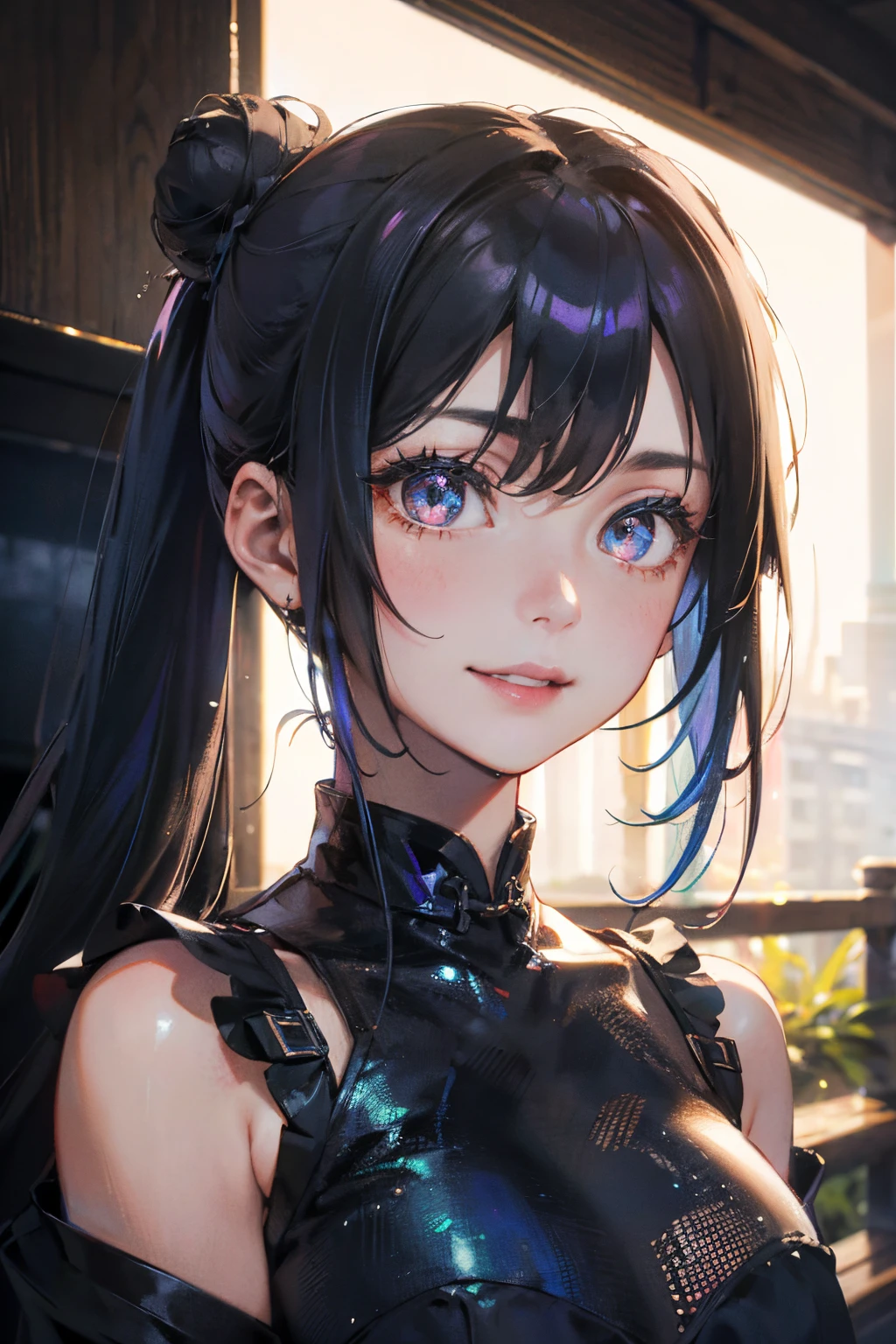 a 20 yo woman、Black blue Hair、poneyTail、Bun hair、Big smile、Iridescent eyes、(hi-top fade:1.3)、dark themed、Muted Tones、Subdued Color、highly contrast、qipao dress、(natural skin textures、Hyper-Realism、Soft light、sharp)