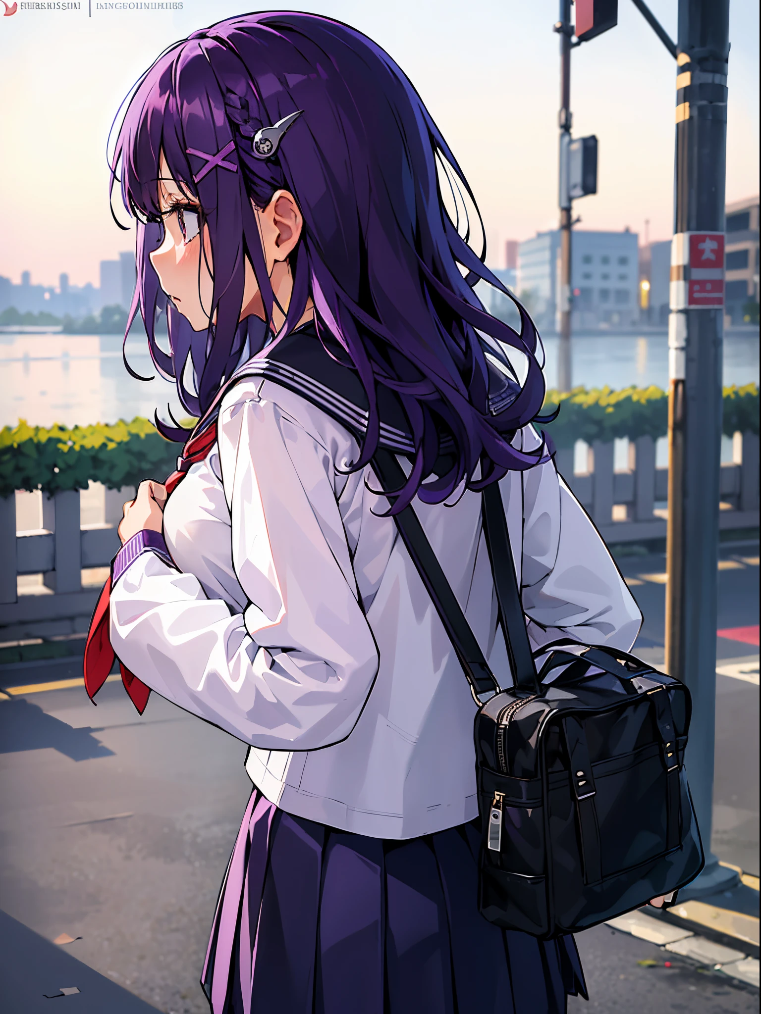 masterpiece, best quality, ultra-detail, 1girl, solo, hair ornament, bags under eyes, (school uniform, serafuku:1.1), oversized clothes, long sleeves, (sleeves past wrists:1.1), skirt, pendant, outdoors, purple hair, from behind, profile, purple hair, breasts, school bag