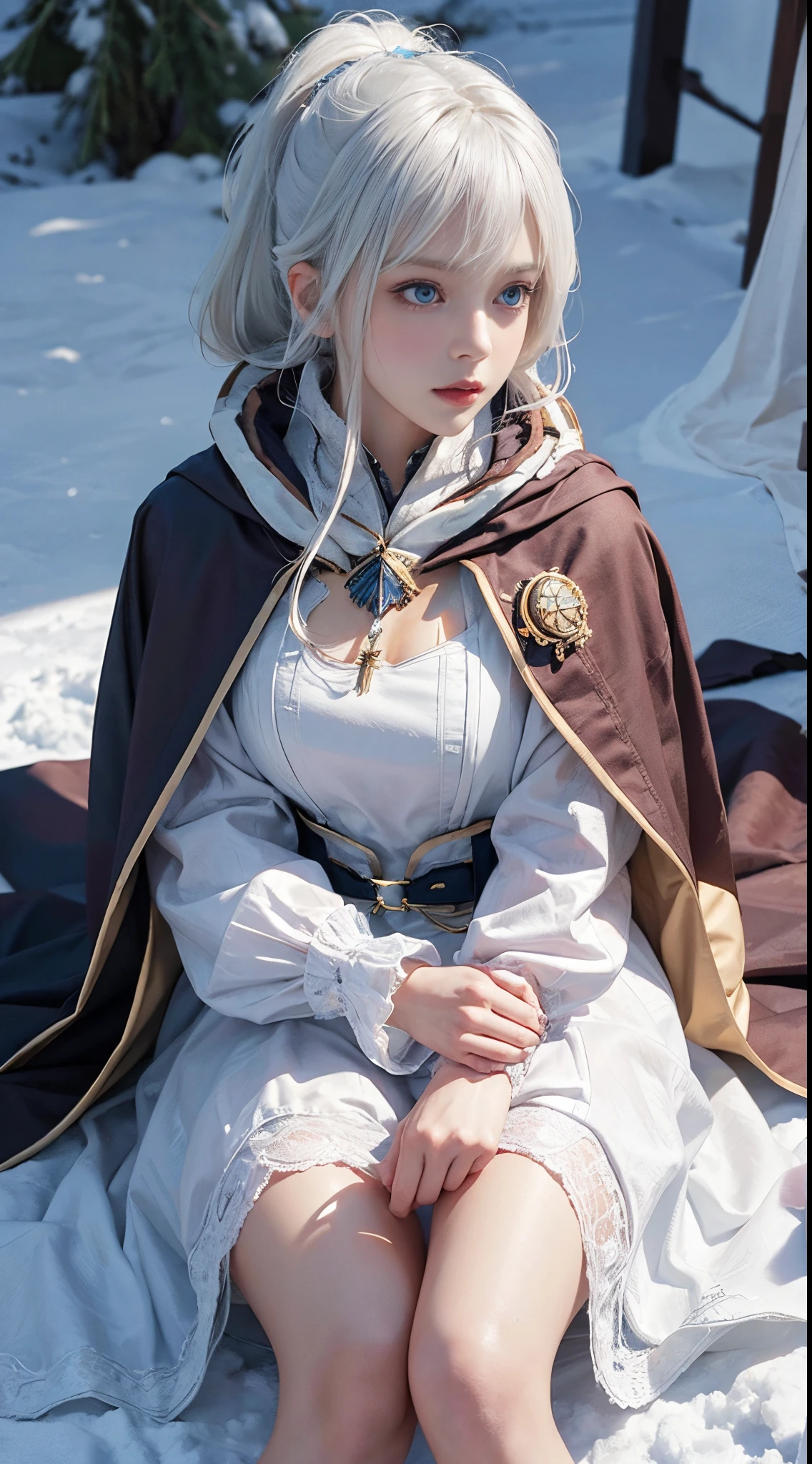 (8K),realisticlying, A high resolution, 1 Women, Alone, (a gorgeous,ta costume), pretty eyes, White hair, eye socket, (sitted,Cloak,blanketed in a mantle of snow),snow field,